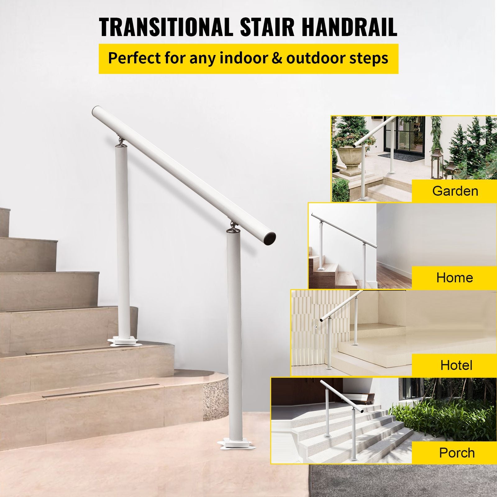 3ft White Outdoor Stair Handrail Aluminum Railing Adjustable 1-3 Steps
