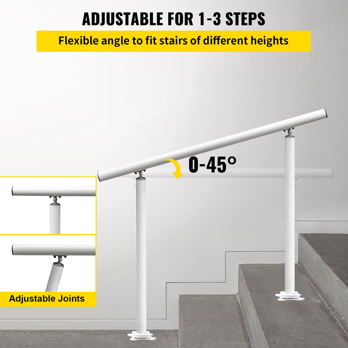 3ft White Outdoor Stair Handrail Aluminum Railing Adjustable 1-3 Steps
