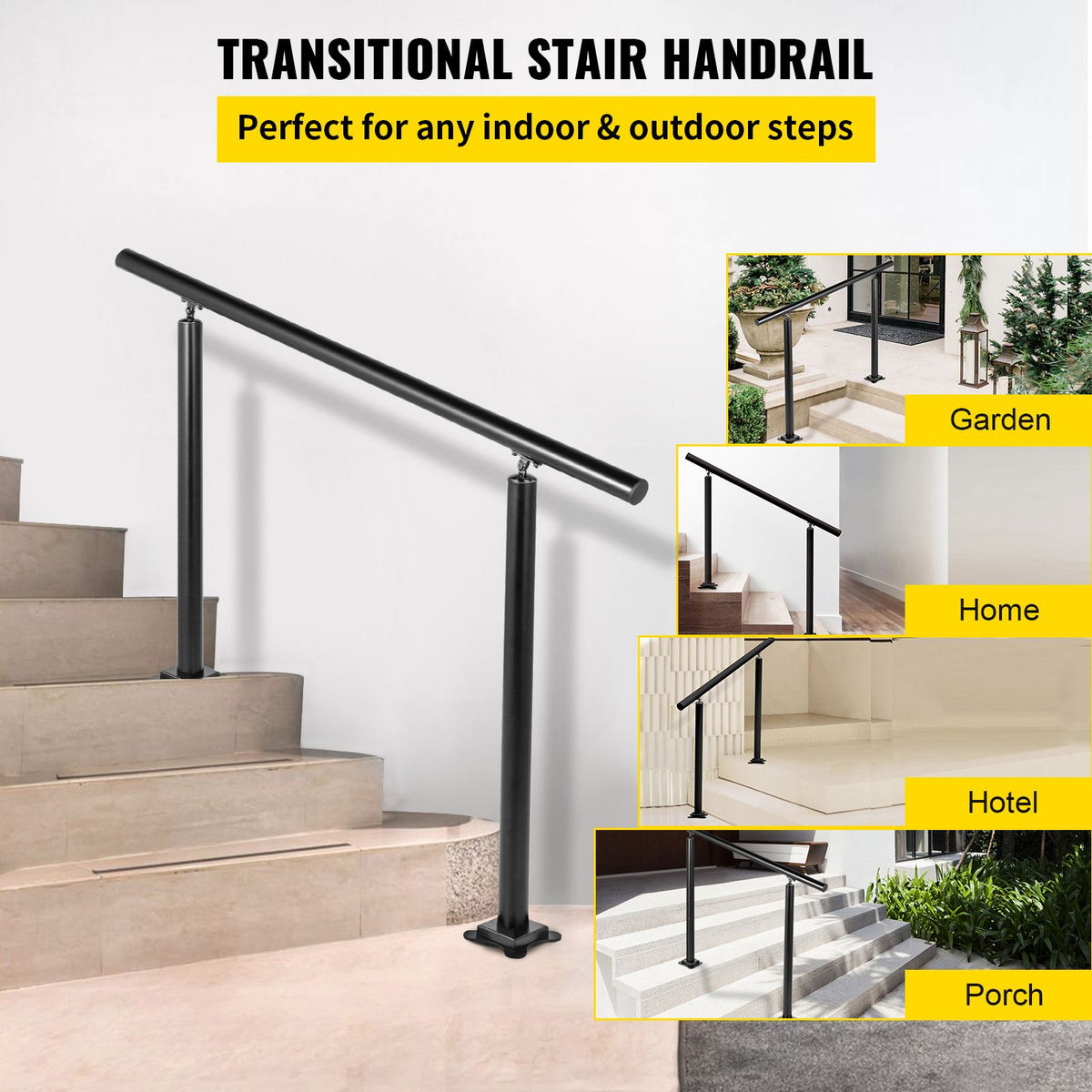 3ft Outdoor Stair Handrail Aluminum Railing Adjustable 1-3 Steps Black