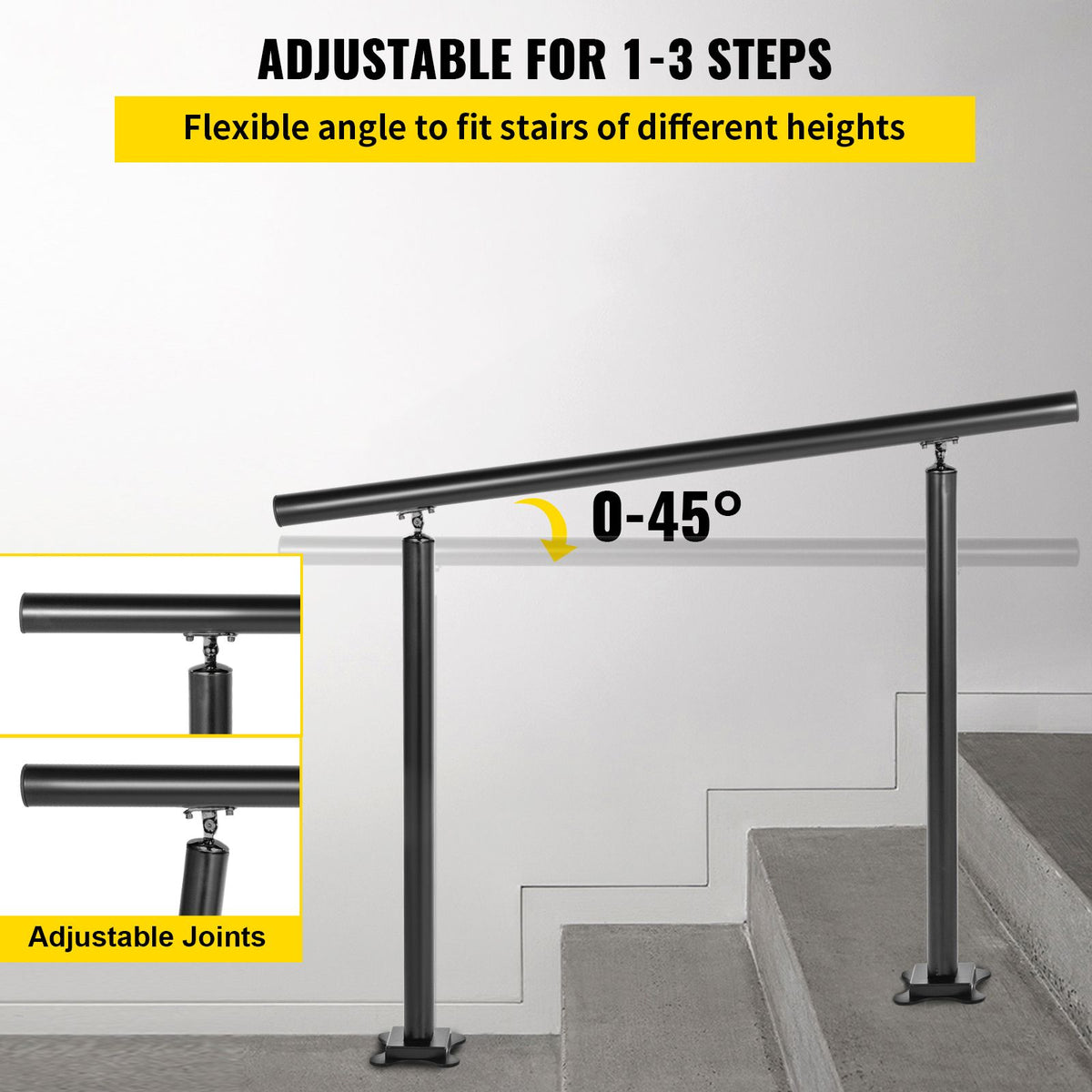 3ft Outdoor Stair Handrail Aluminum Railing Adjustable 1-3 Steps Black