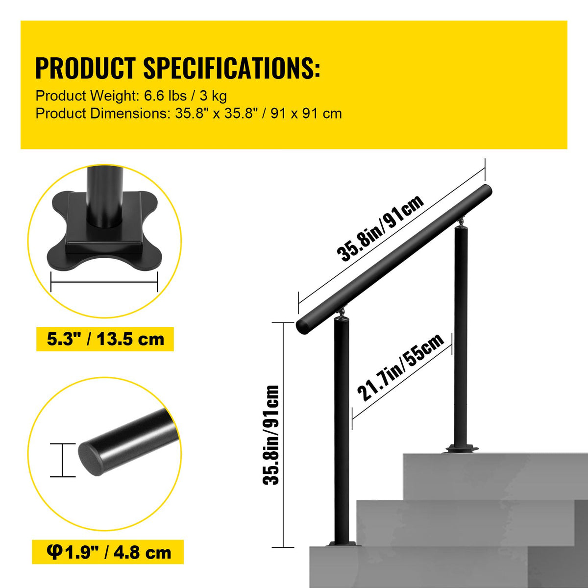 3ft Outdoor Stair Handrail Aluminum Railing Adjustable 1-3 Steps Black