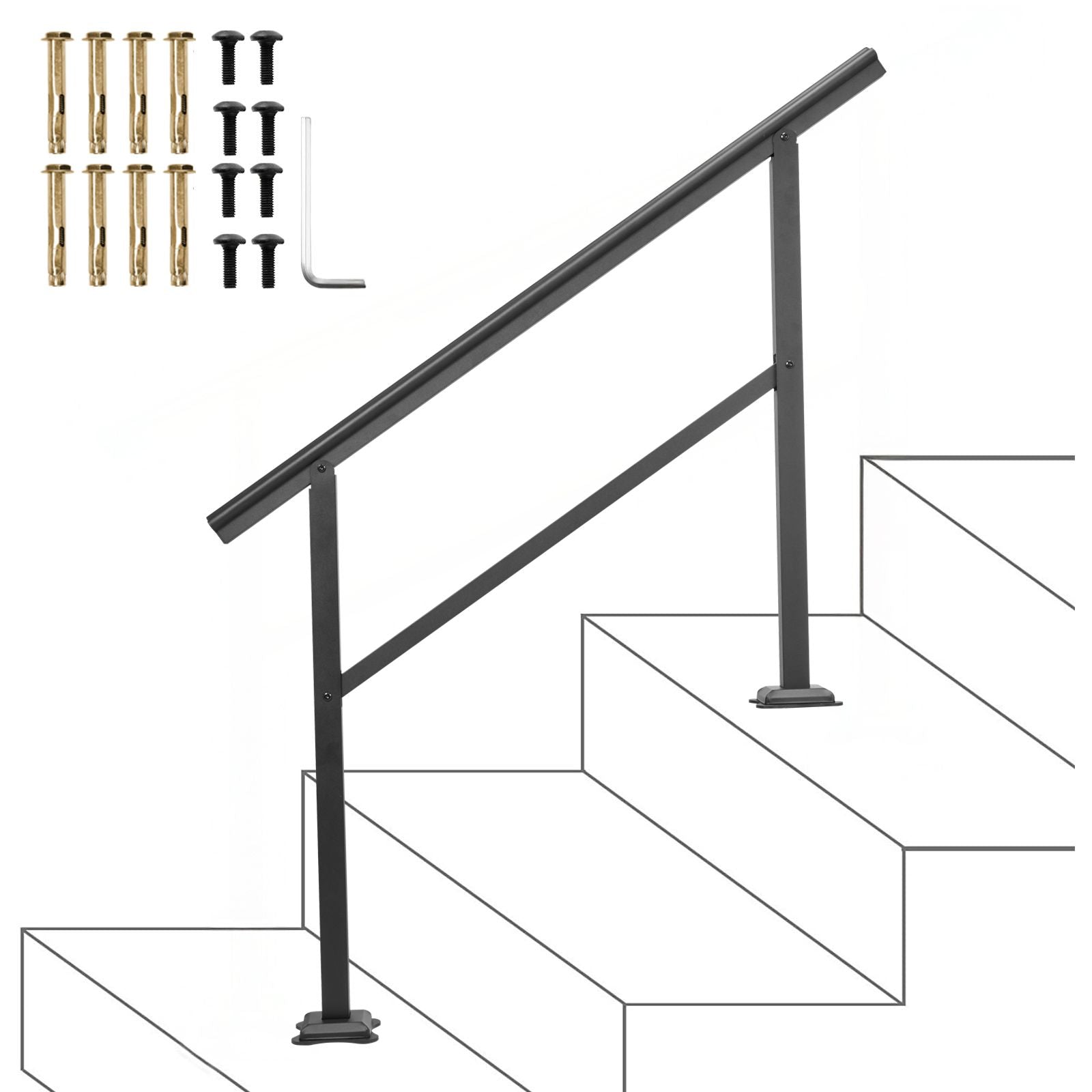 Black Aluminum Outdoor Stair Handrail 3-4 Steps Adjustable Safety Railing