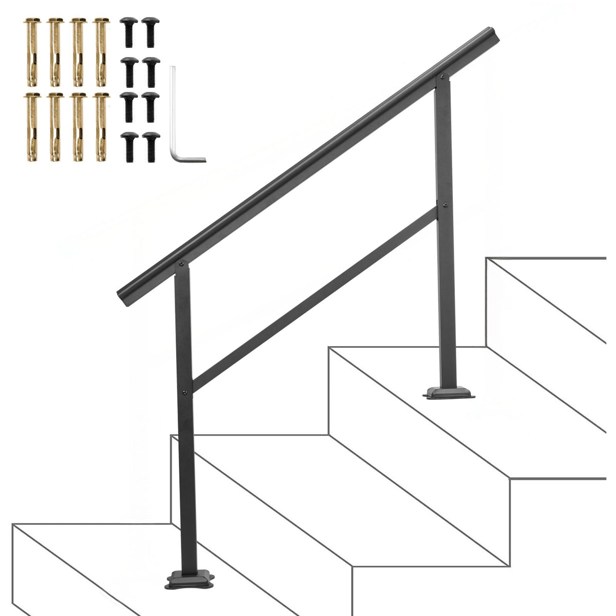 Black Aluminum Outdoor Stair Handrail 3-4 Steps Adjustable Safety Railing