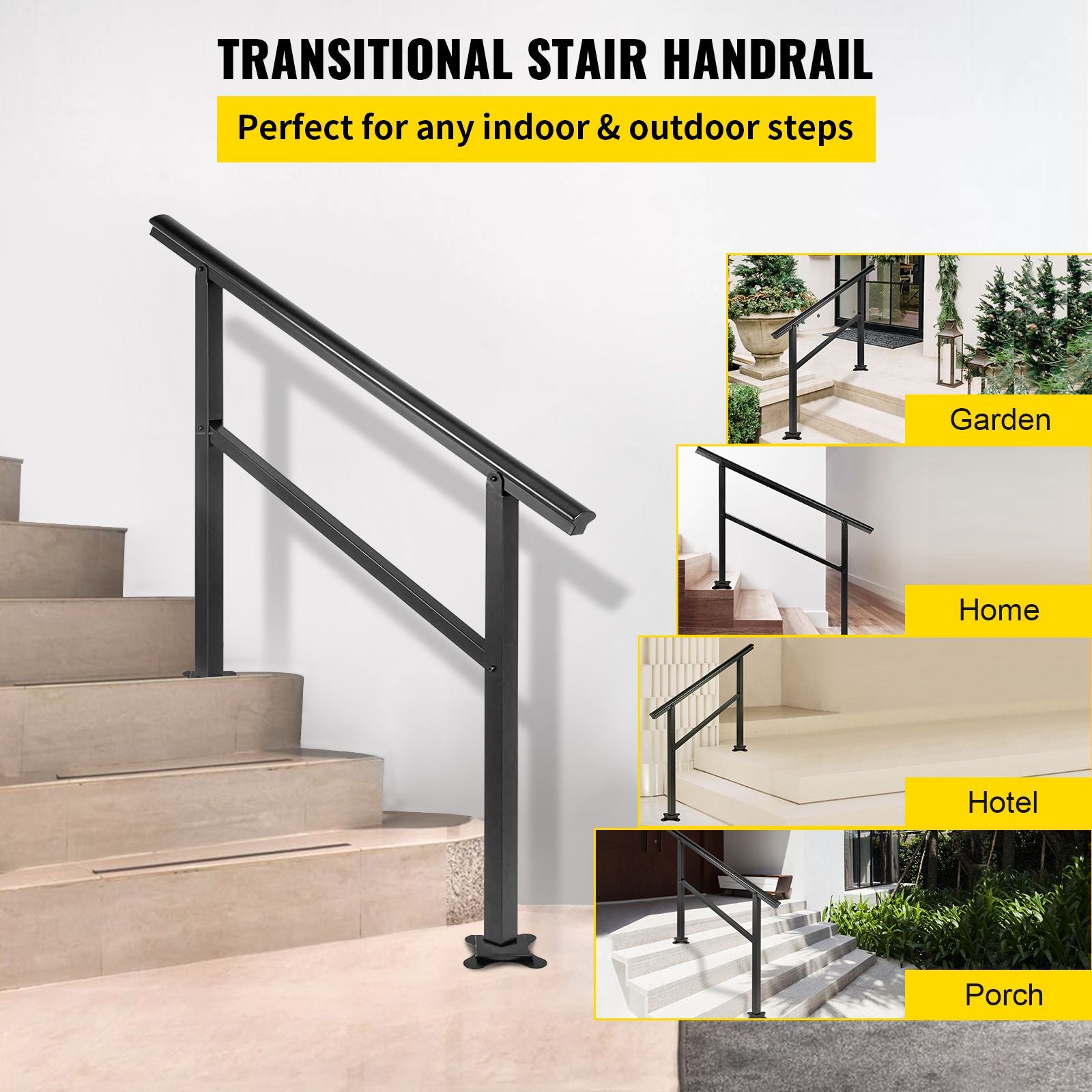 Black Aluminum Outdoor Stair Handrail 3-4 Steps Adjustable Safety Railing