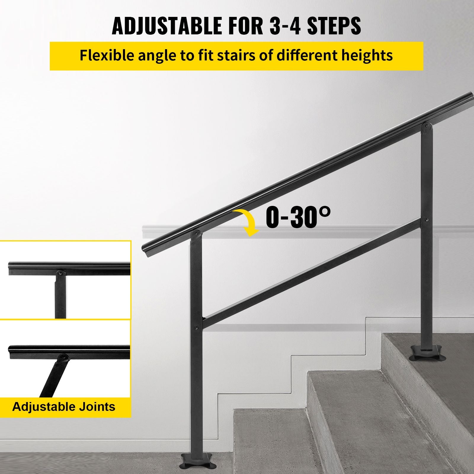 Black Aluminum Outdoor Stair Handrail 3-4 Steps Adjustable Safety Railing