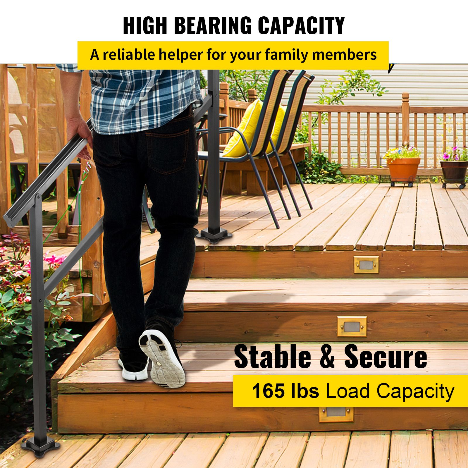 Black Aluminum Outdoor Stair Handrail 3-4 Steps Adjustable Safety Railing