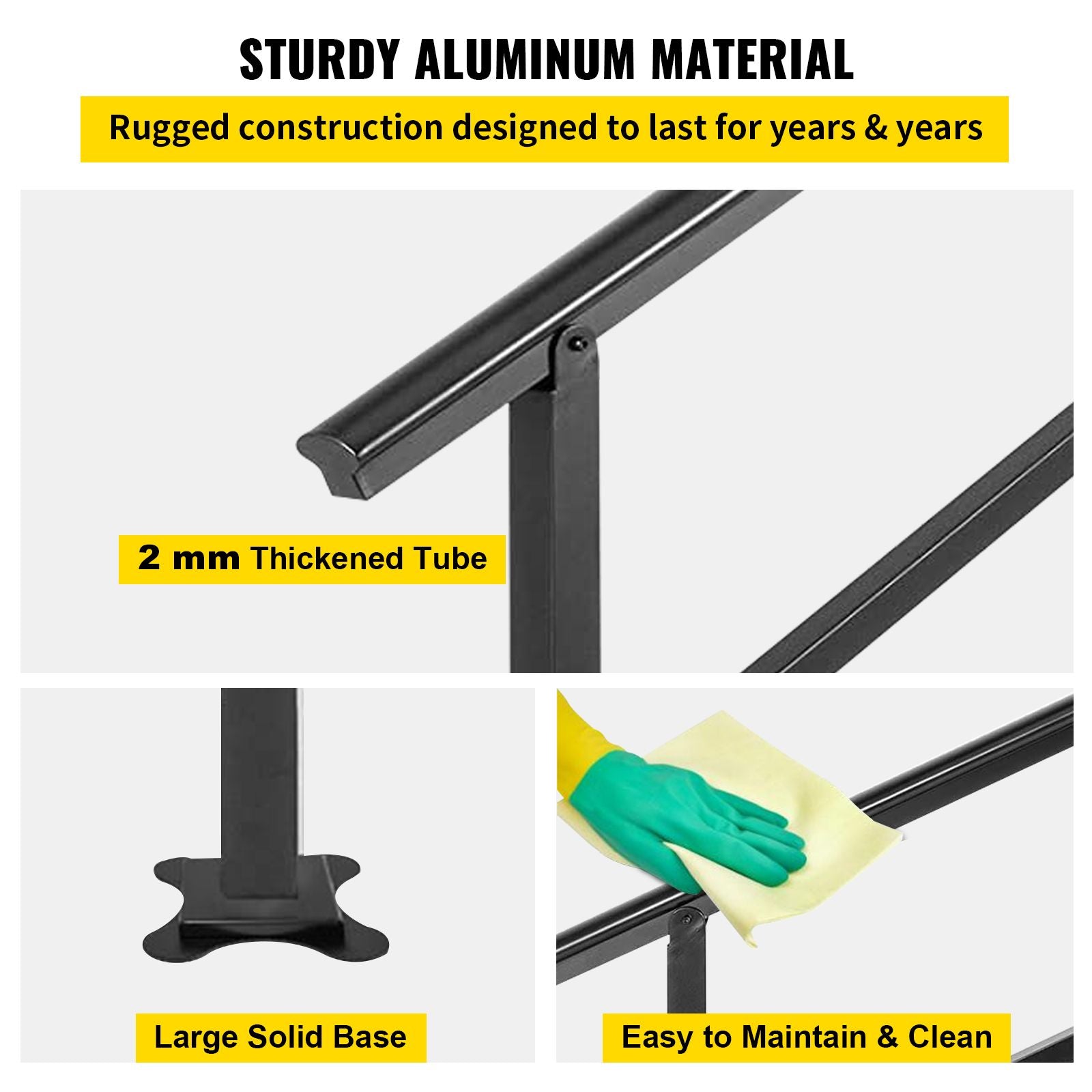 Black Aluminum Outdoor Stair Handrail 3-4 Steps Adjustable Safety Railing