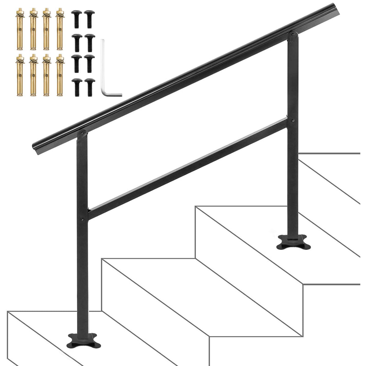 Black Aluminum Outdoor Stair Handrail 3-4 Steps Adjustable Safety Railing