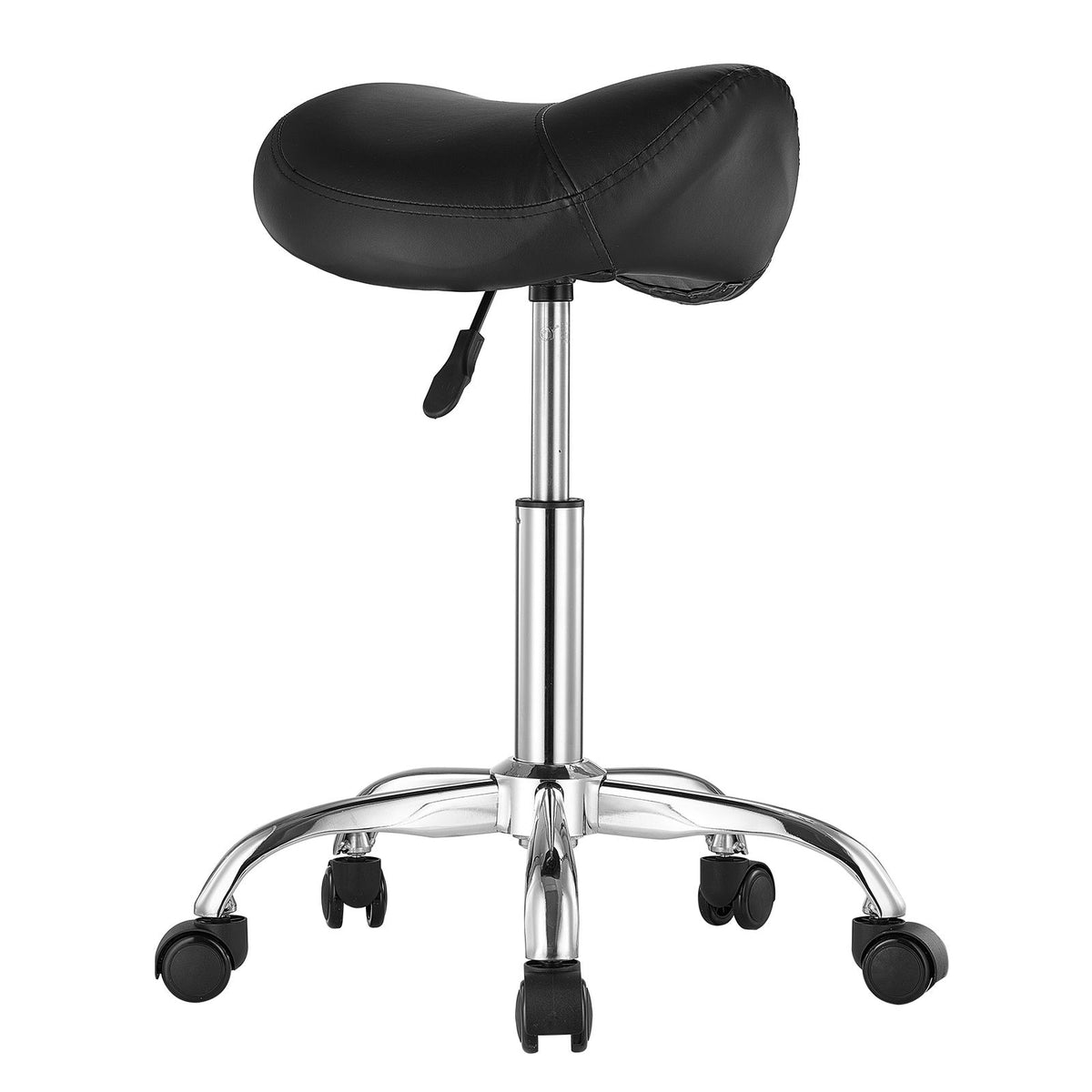 Saddle Rolling Stool Black PU Leather with Wheels Height Adjustable Seat