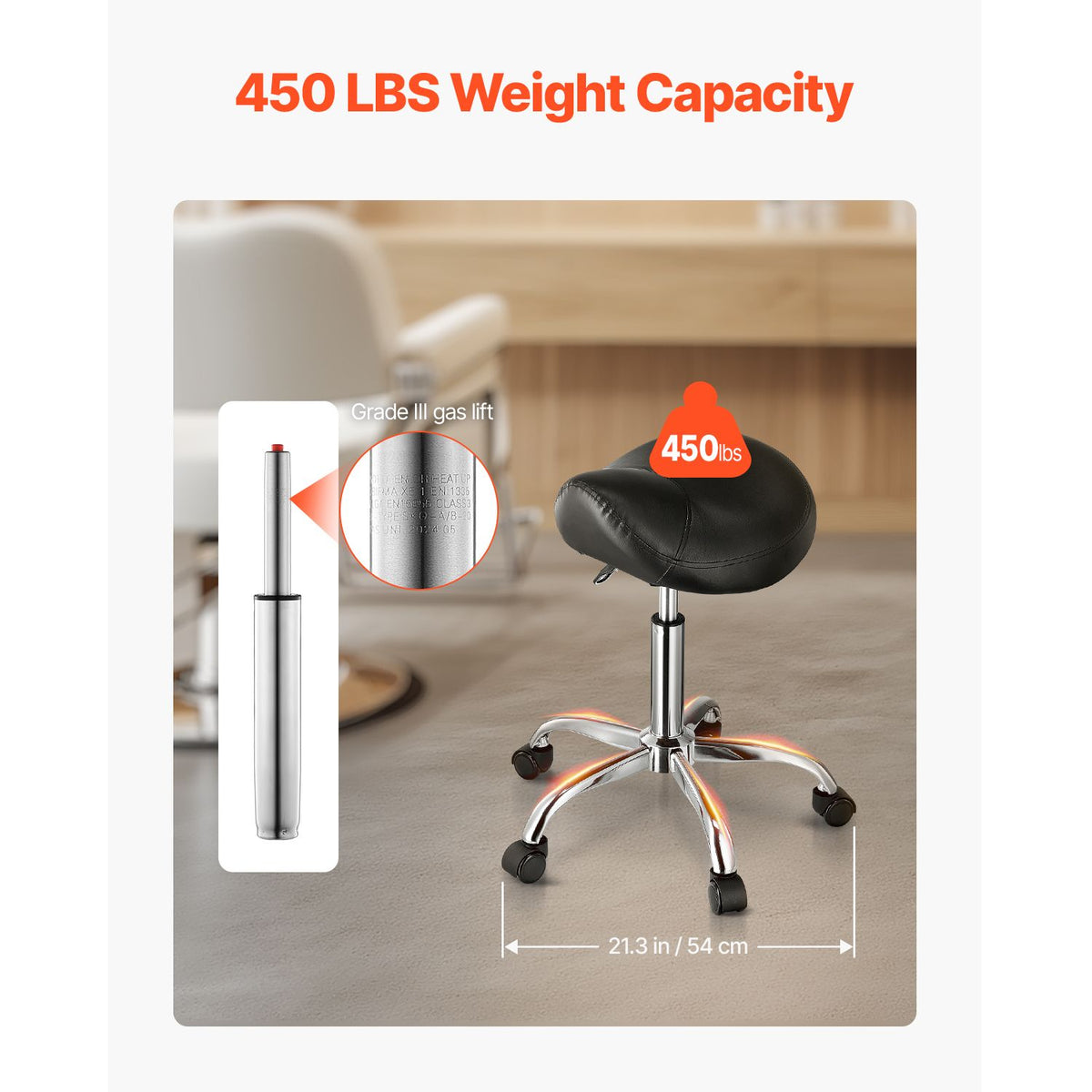 Saddle Rolling Stool Black PU Leather with Wheels Height Adjustable Seat