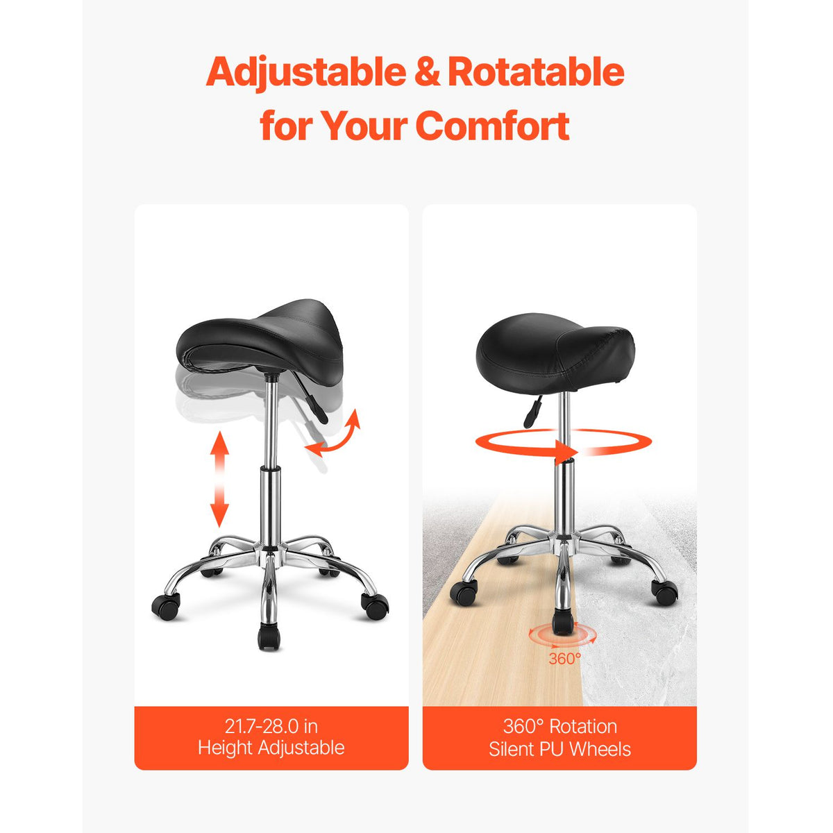 Saddle Rolling Stool Black PU Leather with Wheels Height Adjustable Seat