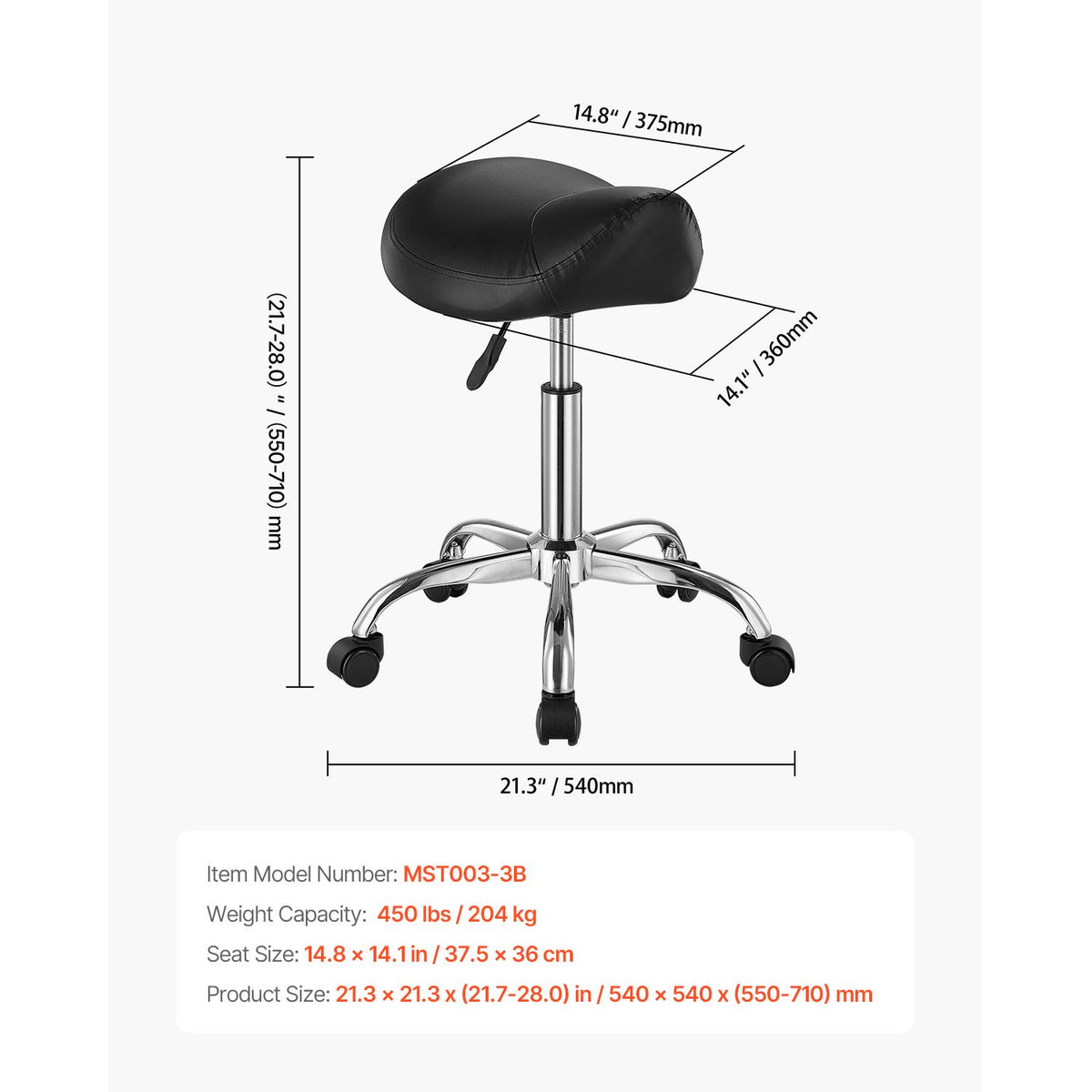 Saddle Rolling Stool Black PU Leather with Wheels Height Adjustable Seat