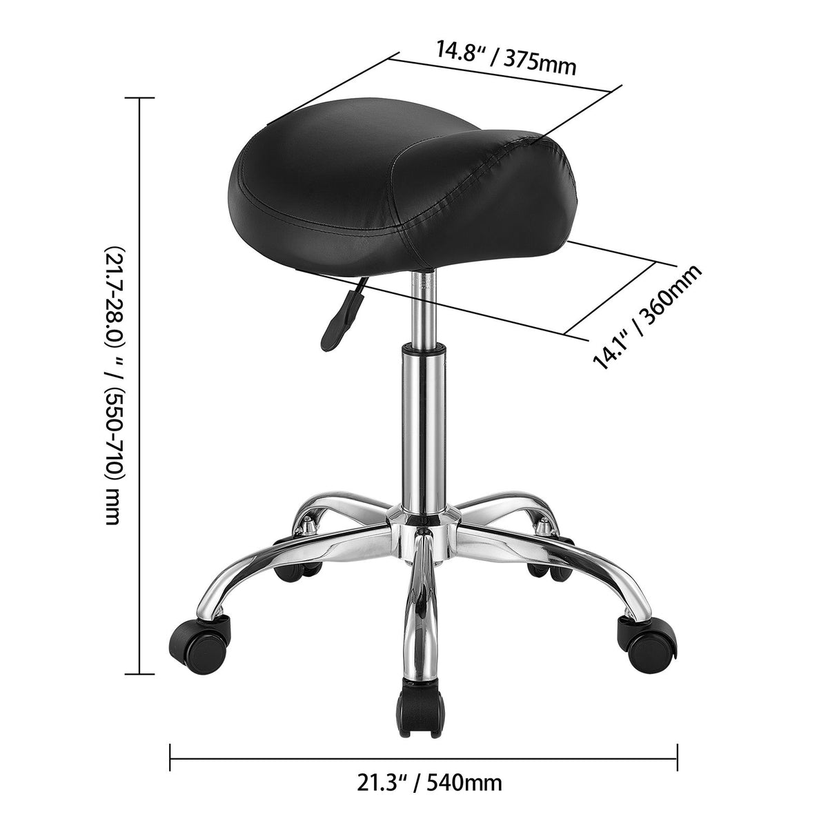 Saddle Rolling Stool Black PU Leather with Wheels Height Adjustable Seat