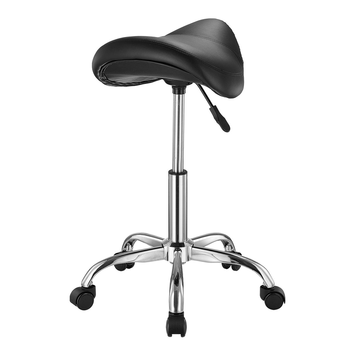 Saddle Rolling Stool Black PU Leather with Wheels Height Adjustable Seat