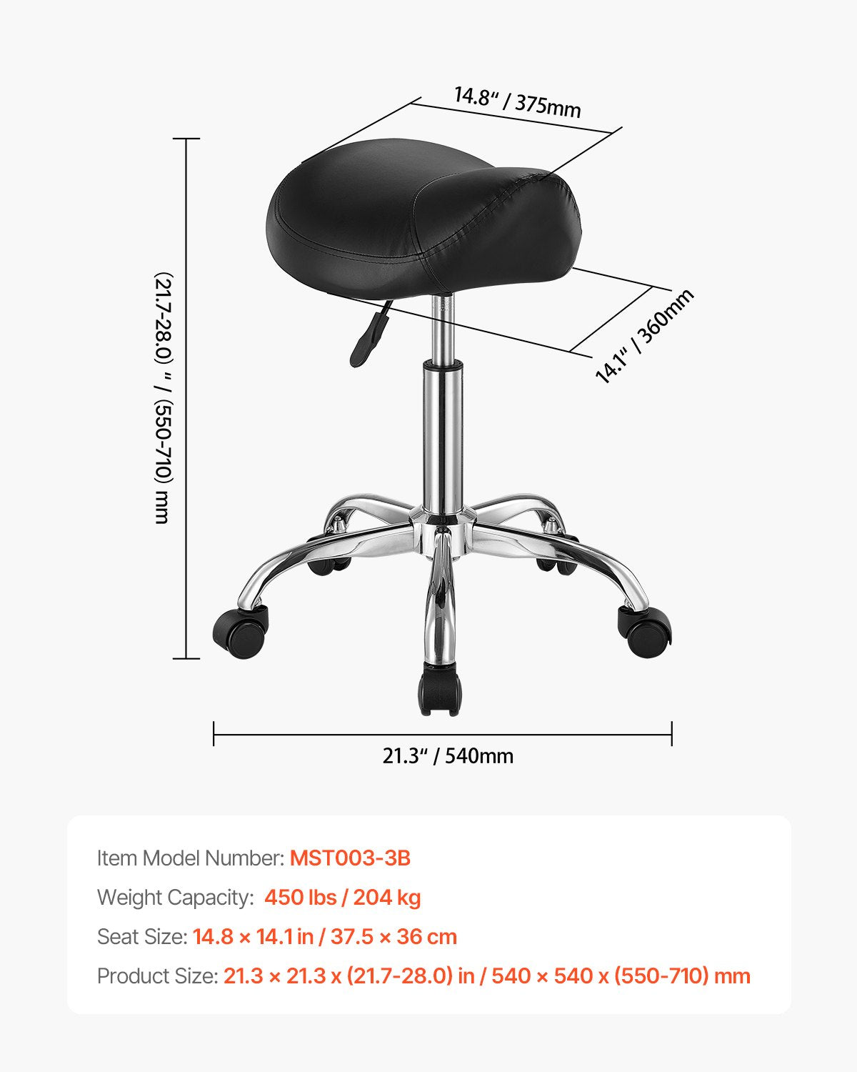 Saddle Rolling Stool, PU Leather Rolling Stool with Wheels, 360° Swivel Drafting Stool with Thickened Cushion, Height Adjustable Rolling Work SPA Stool, for Office, Home, Salon & Bar, Black