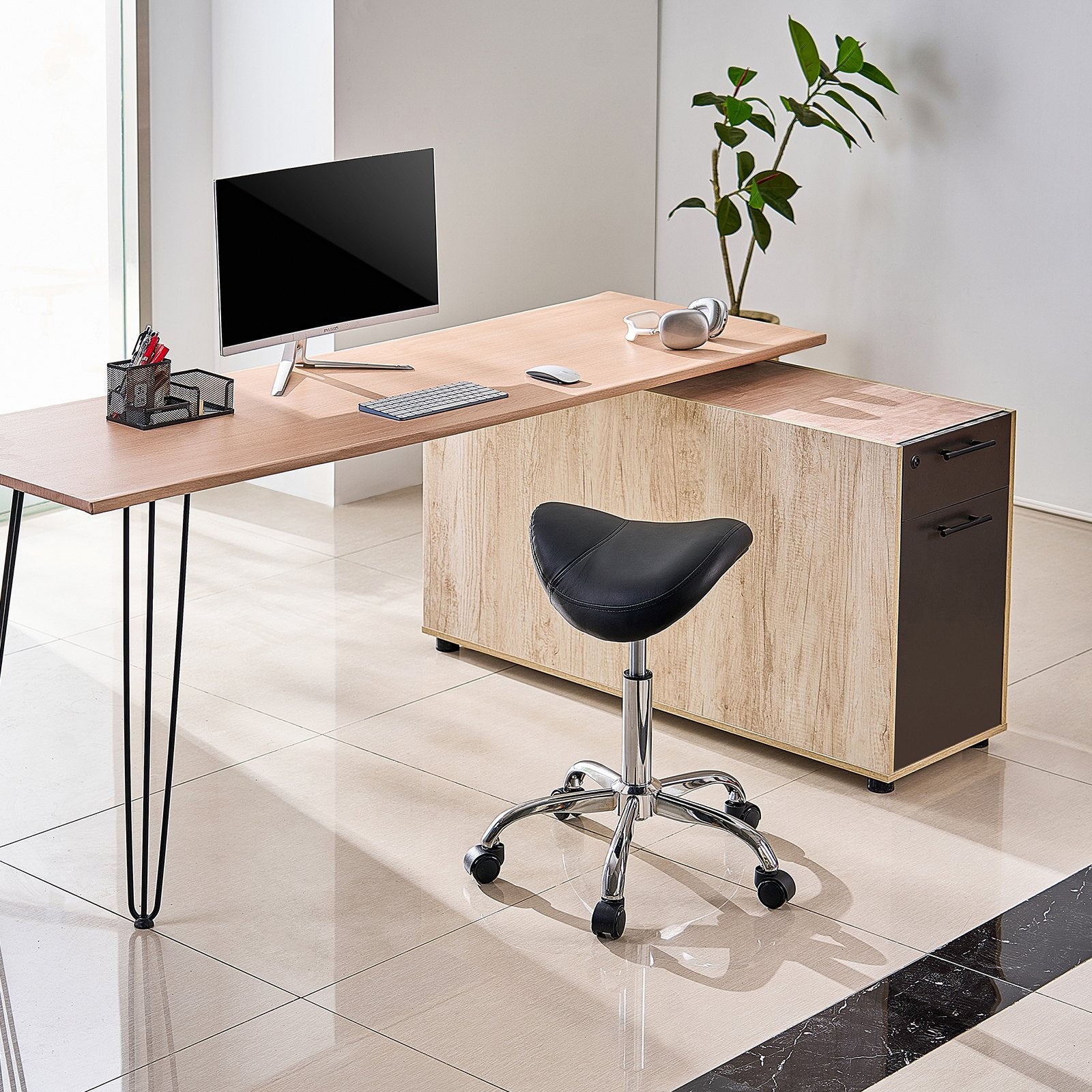 Saddle Rolling Stool, PU Leather Rolling Stool with Wheels, 360° Swivel Drafting Stool with Thickened Cushion, Height Adjustable Rolling Work SPA Stool, for Office, Home, Salon & Bar, Black