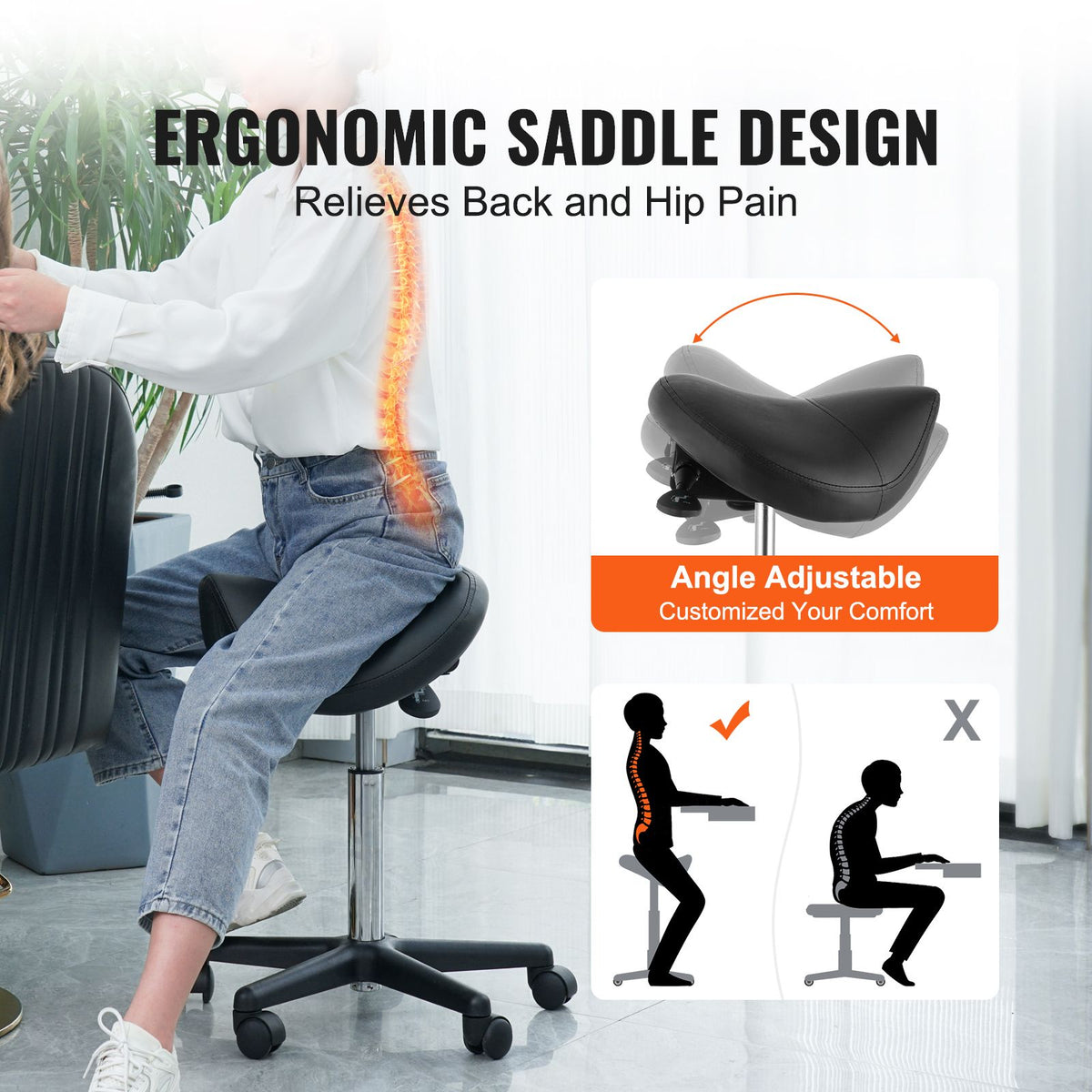 Ergonomic Rolling Saddle Stool Chair with Wheels Adjustable PU Leather Black