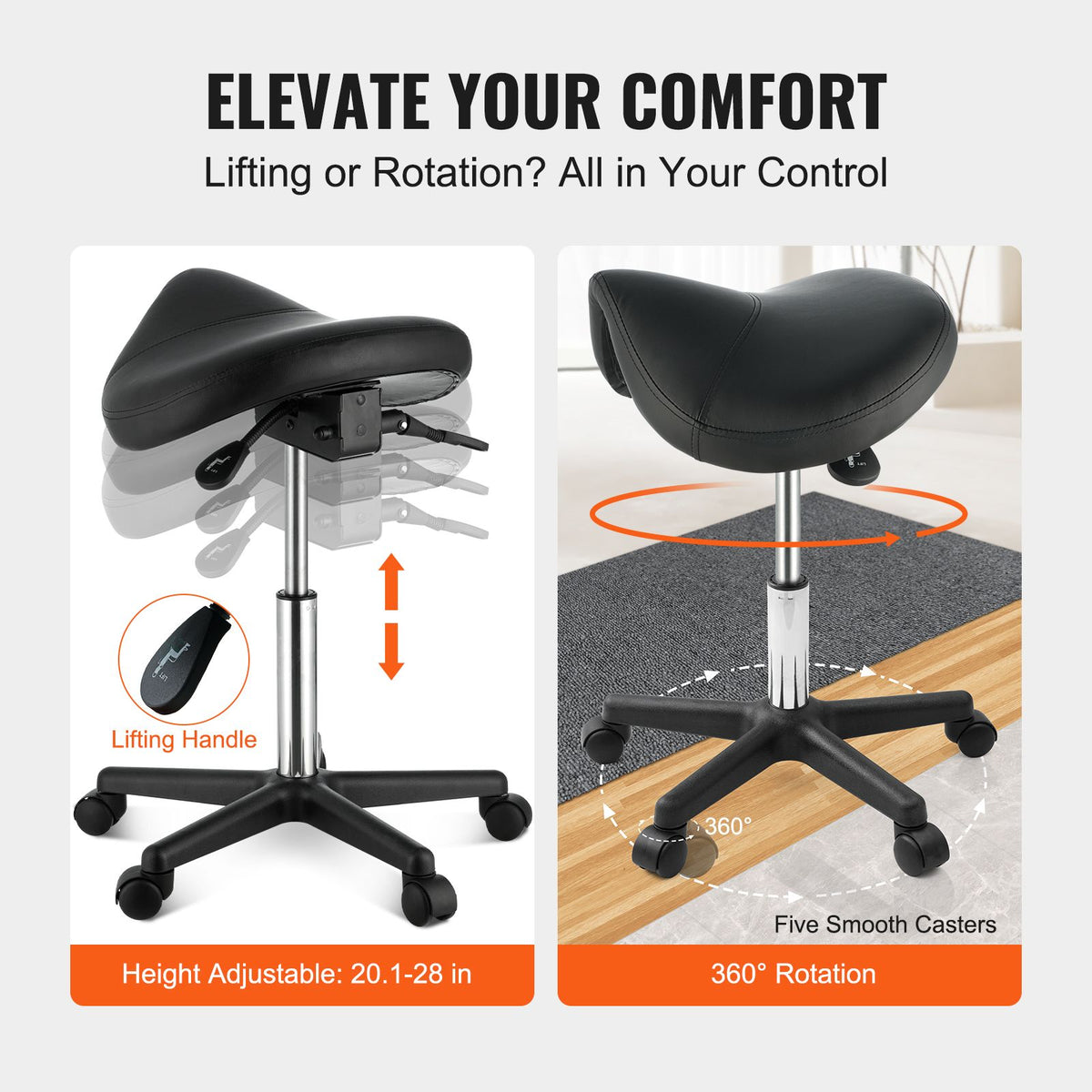 Ergonomic Rolling Saddle Stool Chair with Wheels Adjustable PU Leather Black