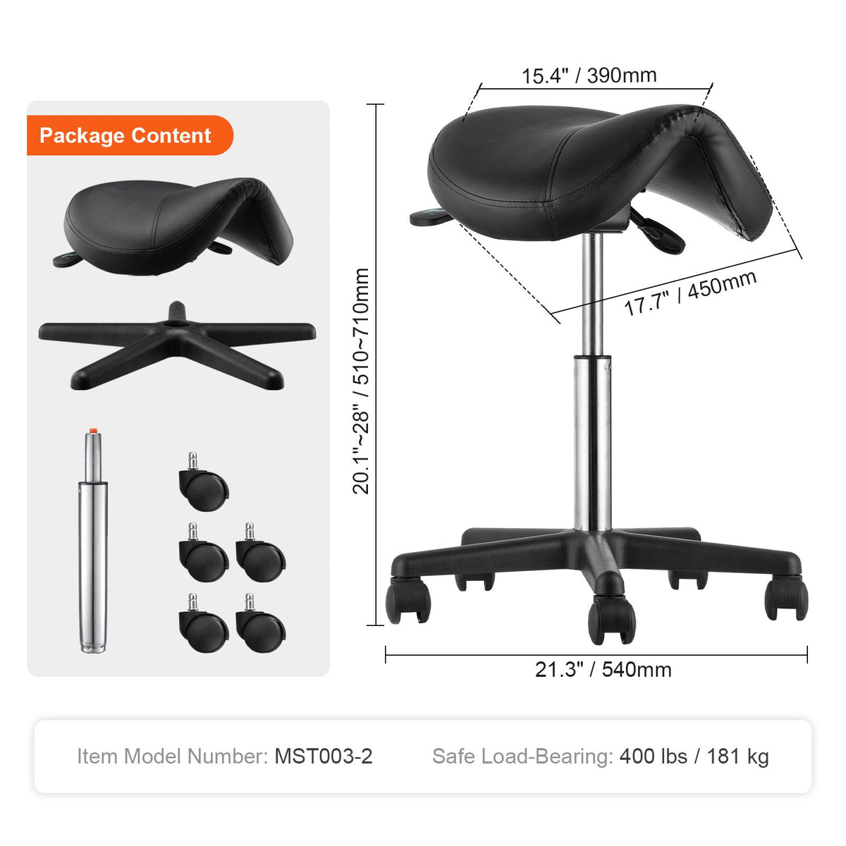 Ergonomic Rolling Saddle Stool Chair with Wheels Adjustable PU Leather Black