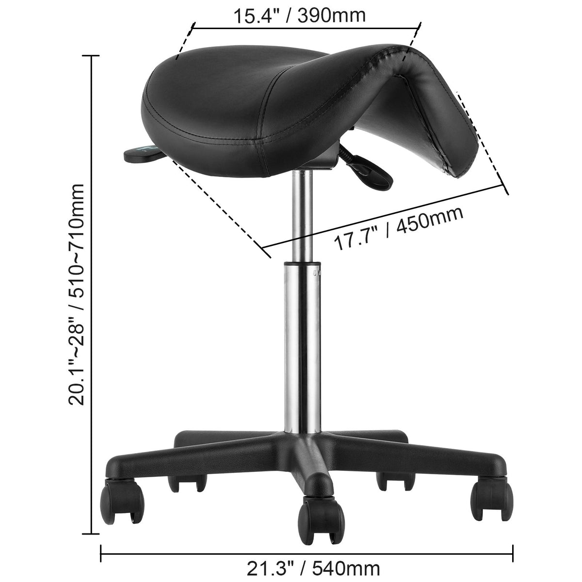 Ergonomic Rolling Saddle Stool Chair with Wheels Adjustable PU Leather Black