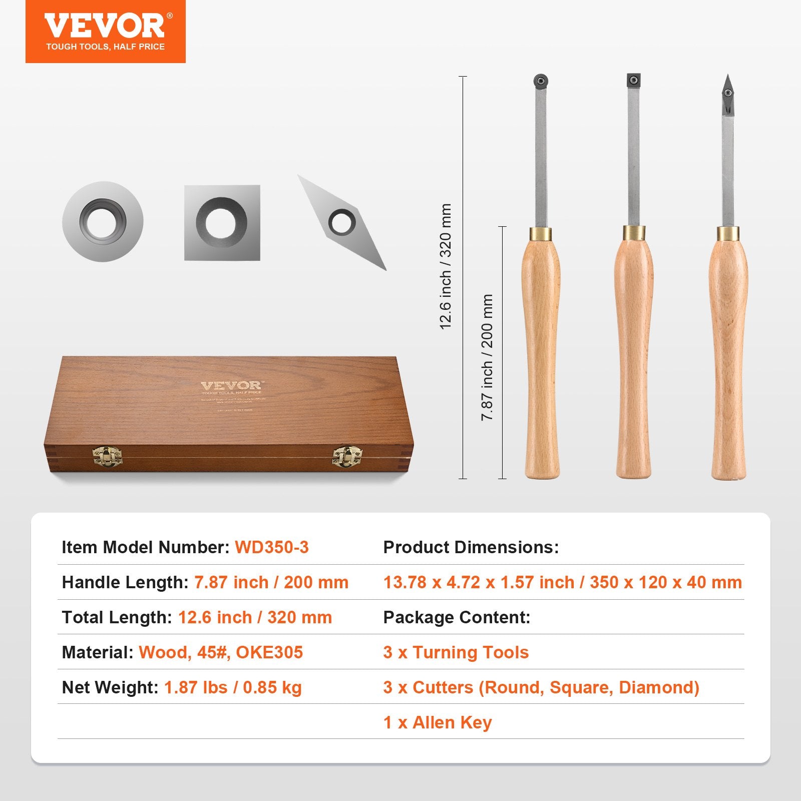 Wood Lathe Chisel Set, 3 PCS Woodworking Turning Tools, Includes Square, Round, Diamond Carbide Blades, 20 cm Comfortable Grip Handles, Wood Chisel Set with Wooden Box For Turning Pens or Small