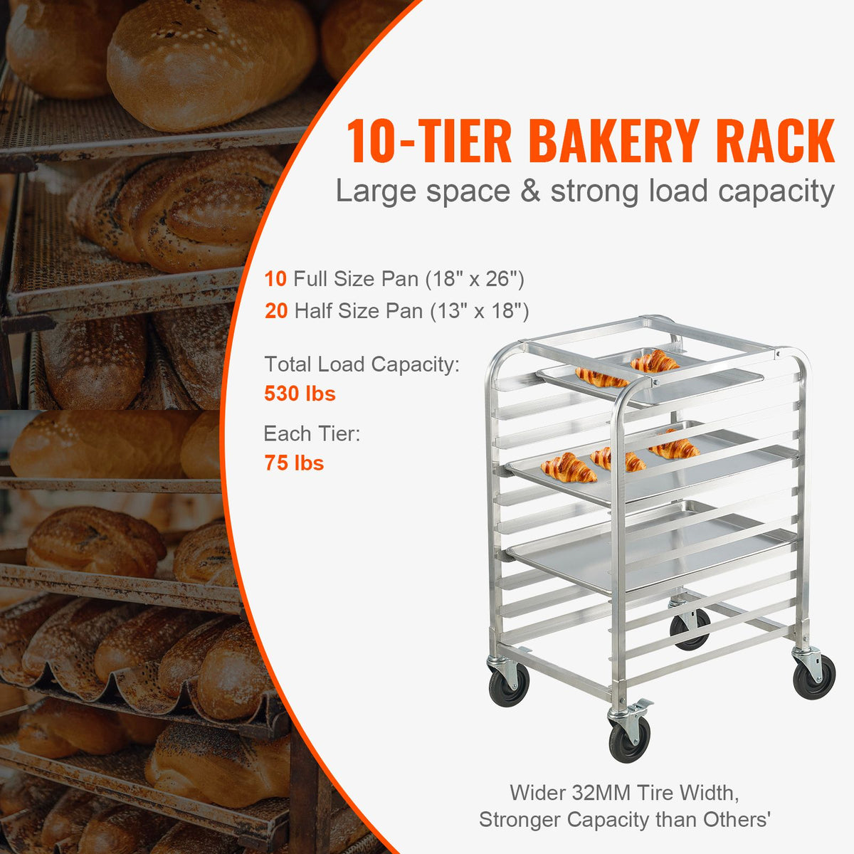 Bun Pan Rack, 10-Tier Commercial Bakery Racks with Brake Wheels, Aluminum Racking Trolley Storage for Half & Full Sheet, Speed Rack For Kitchen Home, Bread Baking Equipment, 660x515x985 mm