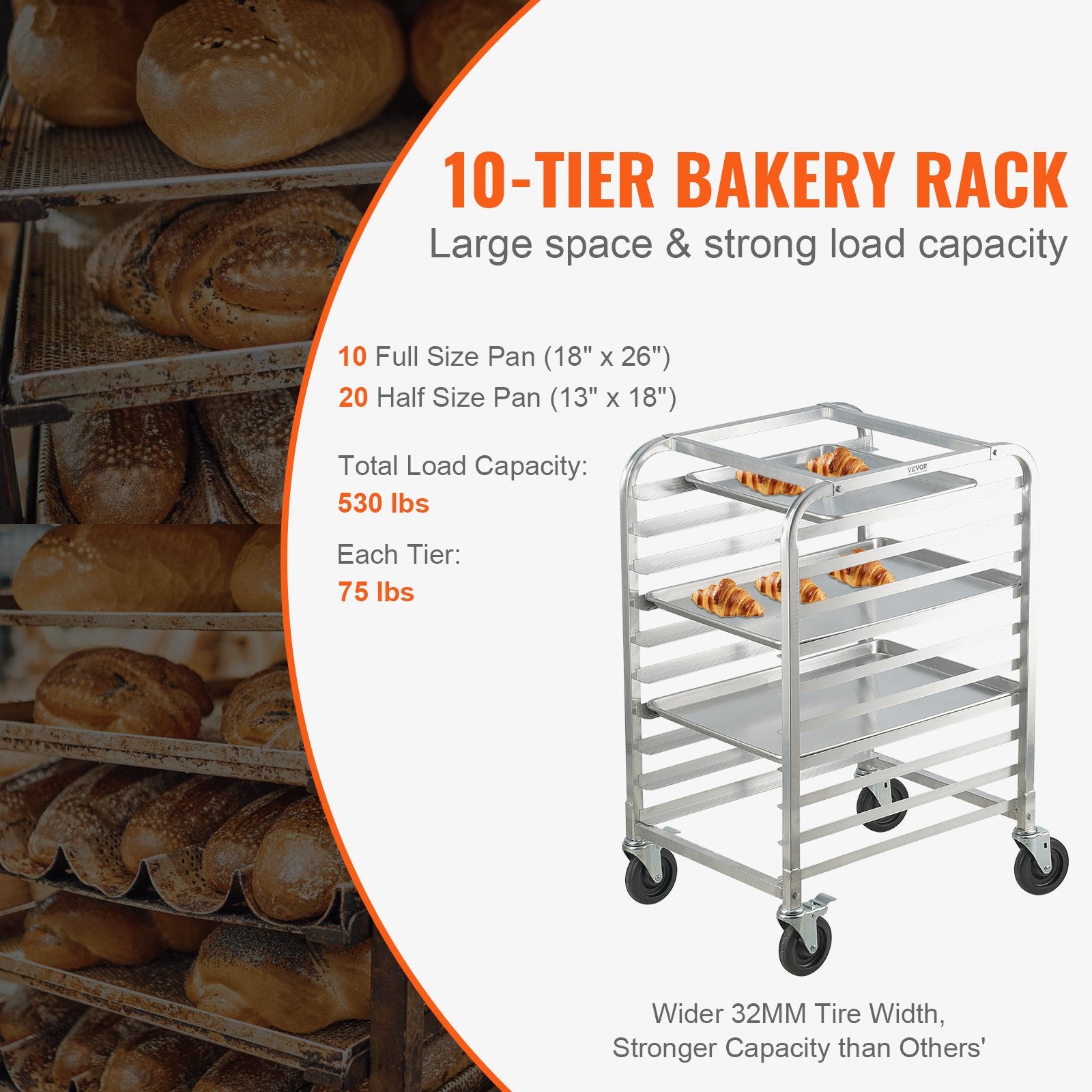 Bun Pan Rack, 10-Tier Commercial Bakery Racks with Brake Wheels, Aluminum Racking Trolley Storage for Half & Full Sheet, Speed Rack For Kitchen Home, Bread Baking Equipment, 660x515x985 mm