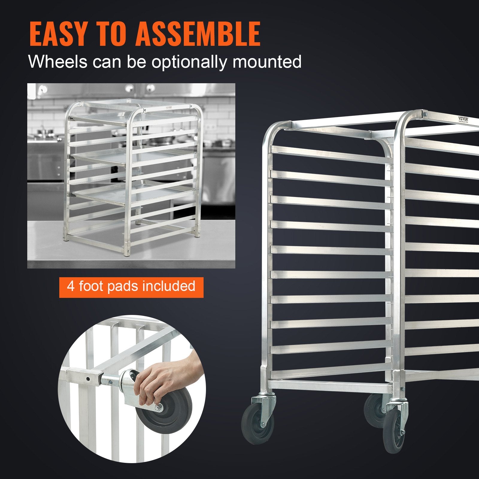 Bun Pan Rack, 10-Tier Commercial Bakery Racks with Brake Wheels, Aluminum Racking Trolley Storage for Half & Full Sheet, Speed Rack For Kitchen Home, Bread Baking Equipment, 660x515x985 mm