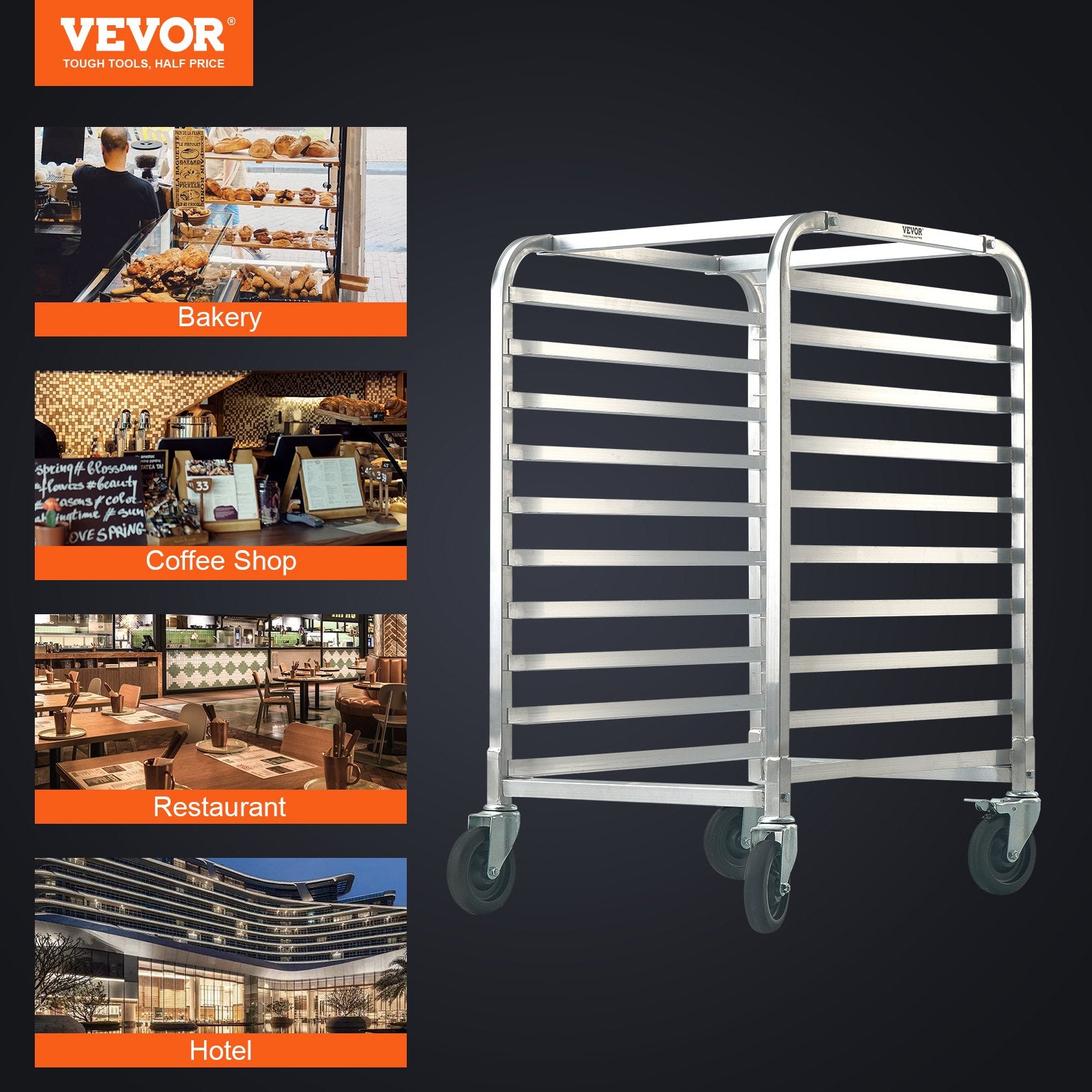 Bun Pan Rack, 10-Tier Commercial Bakery Racks with Brake Wheels, Aluminum Racking Trolley Storage for Half & Full Sheet, Speed Rack For Kitchen Home, Bread Baking Equipment, 660x515x985 mm
