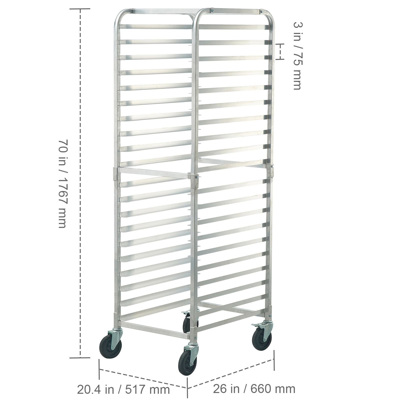 Bun Pan Rack, 20-Tier Commercial Bakery Racks with Brake Wheels, Aluminum Racking Trolley Storage for Half & Full Sheet, Speed Rack For Kitchen Home, Bread Baking Equipment, 660x517x1767 mm