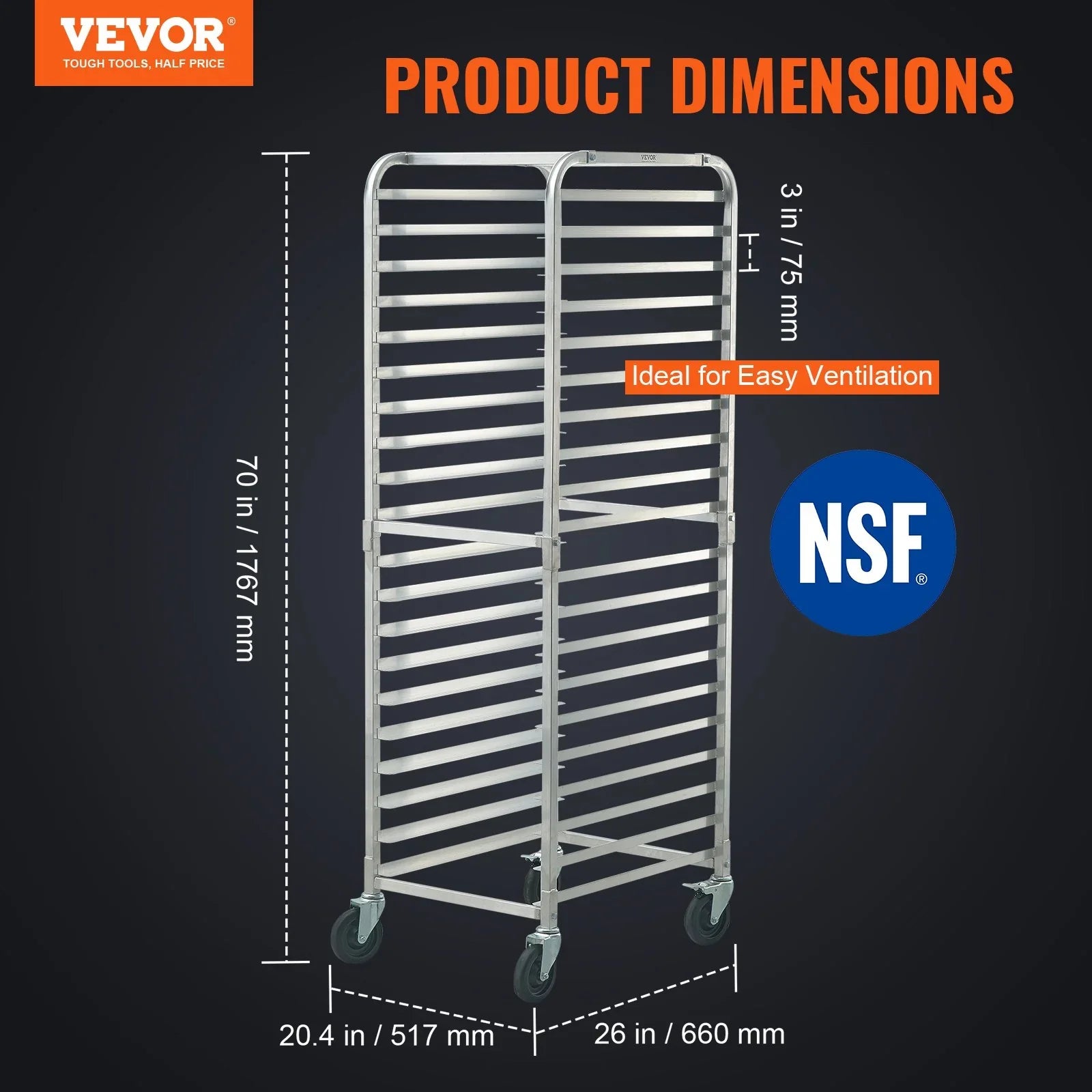 Bun Pan Rack, 20-Tier Commercial Bakery Racks with Brake Wheels, Aluminum Racking Trolley Storage for Half & Full Sheet, Speed Rack For Kitchen Home, Bread Baking Equipment, 660x517x1767 mm