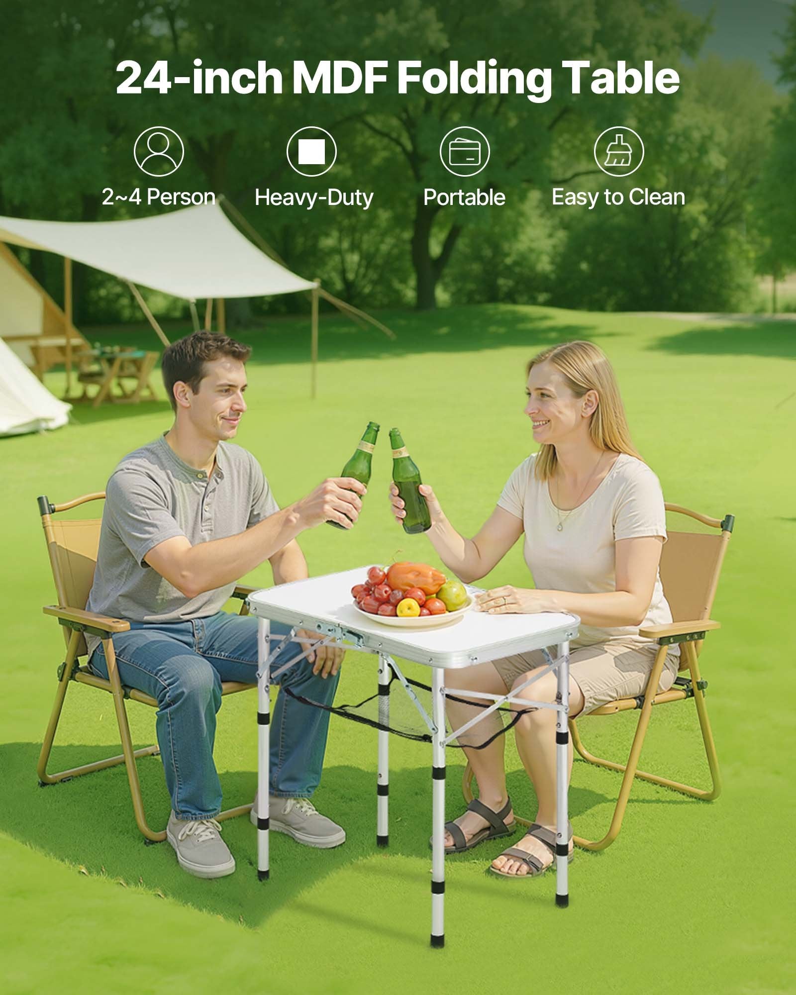 Folding Camping Table, Adjustable Height Portable Side Tables, Aluminum MDF Beach Table with Mesh Layer, Carrying Handle, Lightweight Compact for Outdoor Picnic BBQ Cooking, 24x16in, Silver