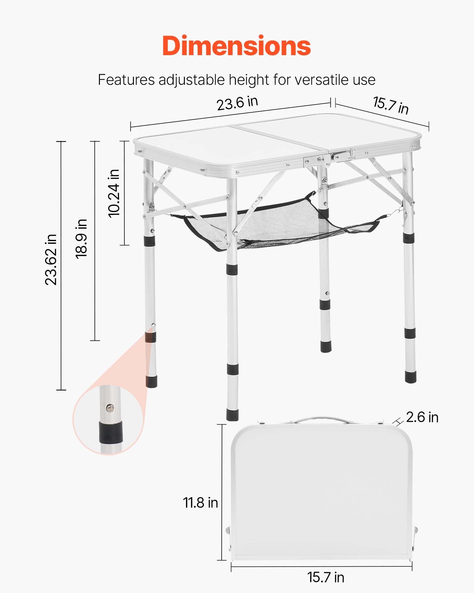 Folding Camping Table, Adjustable Height Portable Side Tables, Aluminum MDF Beach Table with Mesh Layer, Carrying Handle, Lightweight Compact for Outdoor Picnic BBQ Cooking, 24x16in, Silver