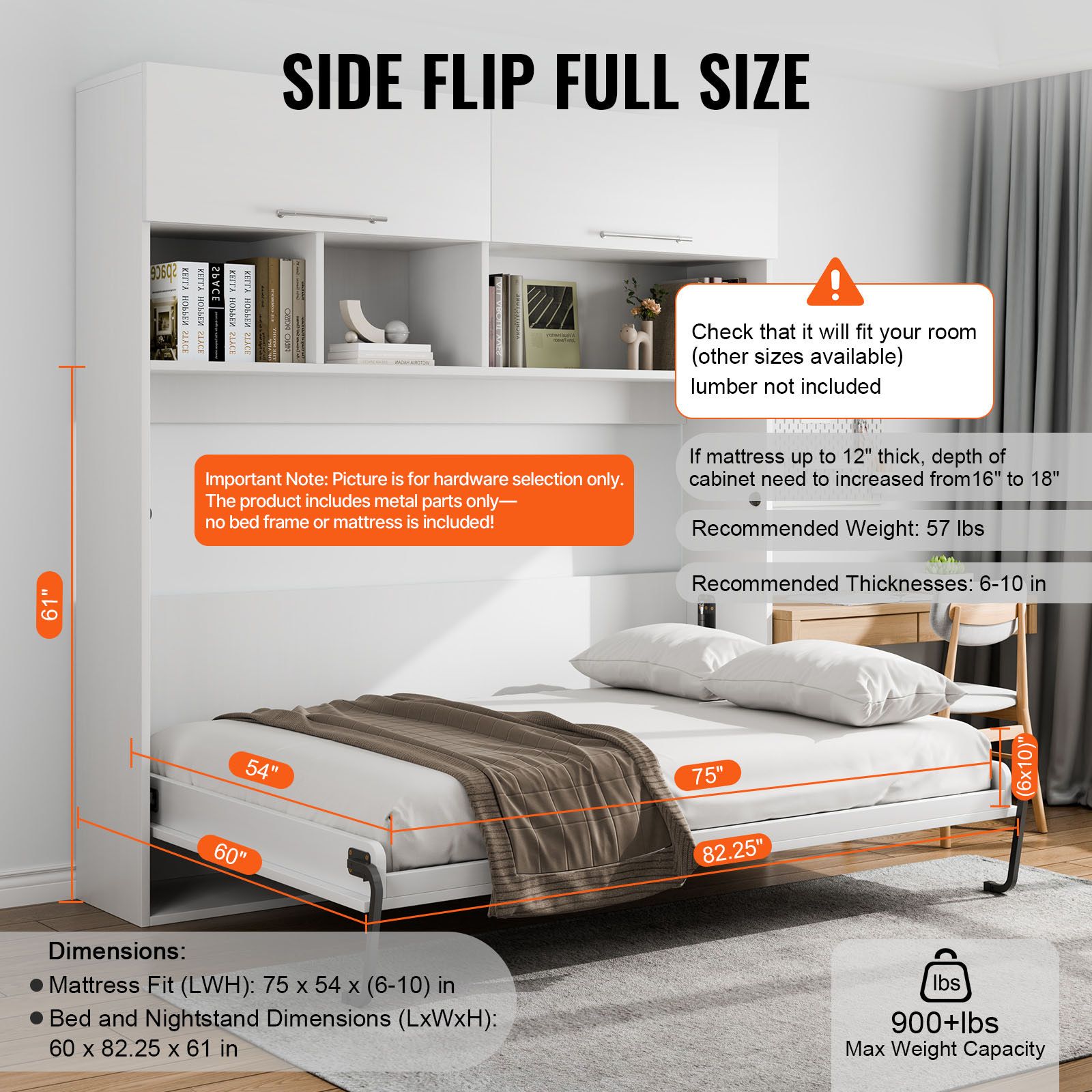 Full Size Murphy Bed Kit DIY Wall Bed Hardware Gas Strut System