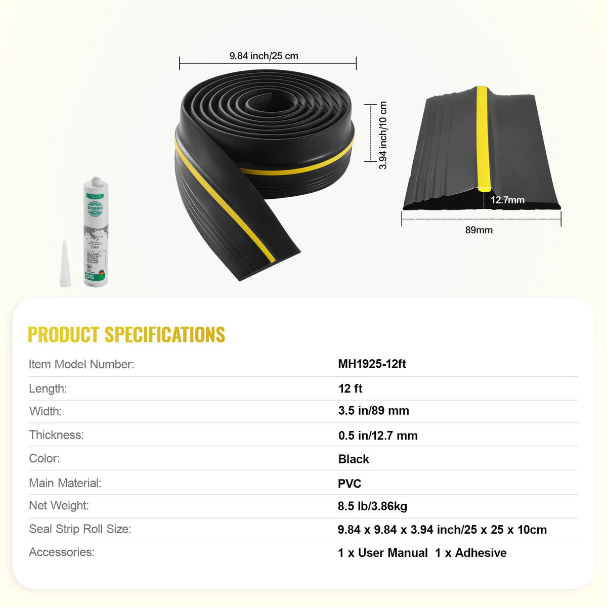 Garage Door Threshold Seal Strip, 12 FT Universal Garage Door Floor Seal Strip with Adhesive, Garage Door Bottom Weatherproof Strip, Upgraded Thick PVC DIY Weather Stripping Replacement, Black
