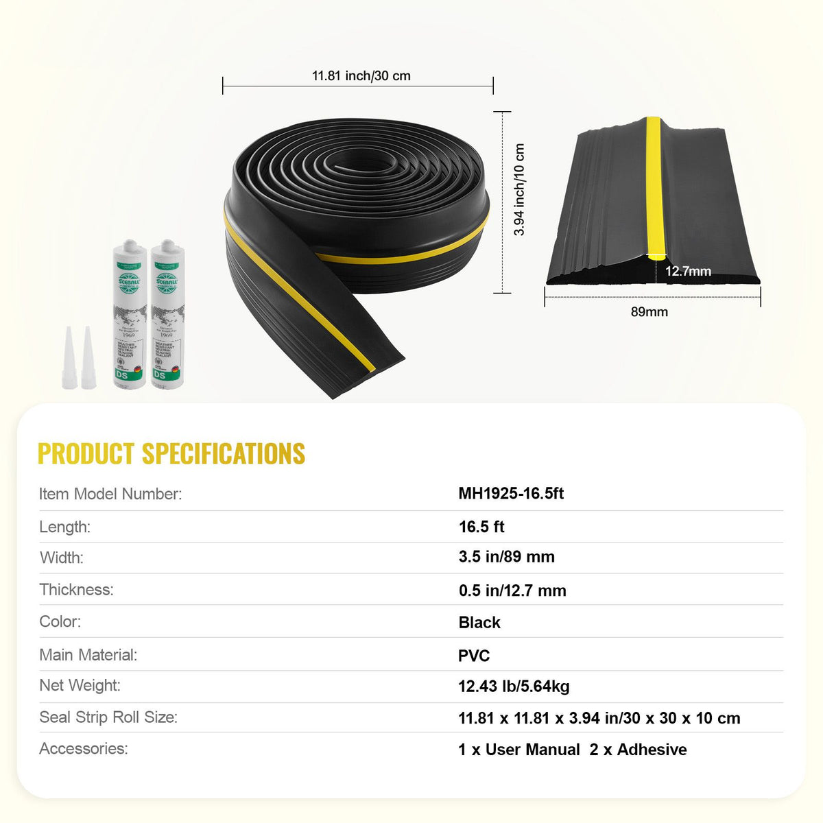 Garage Door Threshold Seal Strip, 16.5 FT Universal Garage Door Floor Seal Strip with Adhesive, Garage Door Bottom Weatherproof Strip, Upgraded Thick PVC DIY Weather Stripping Replacement, Black