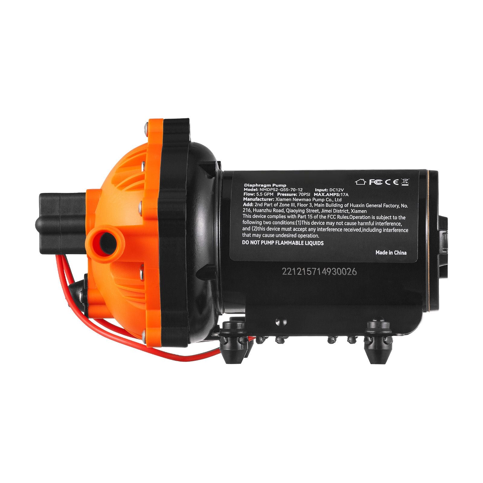 Water Diaphragm Pump, 20.8 LPM Flow, 4.8 bar Rated Pressure (2.8-6.9 bar Adjustable), 12.7 mm MNPT Self Priming Sprayer Pump with Pressure Switch for RV Camper Marine Boat Lawn, FCC Certified