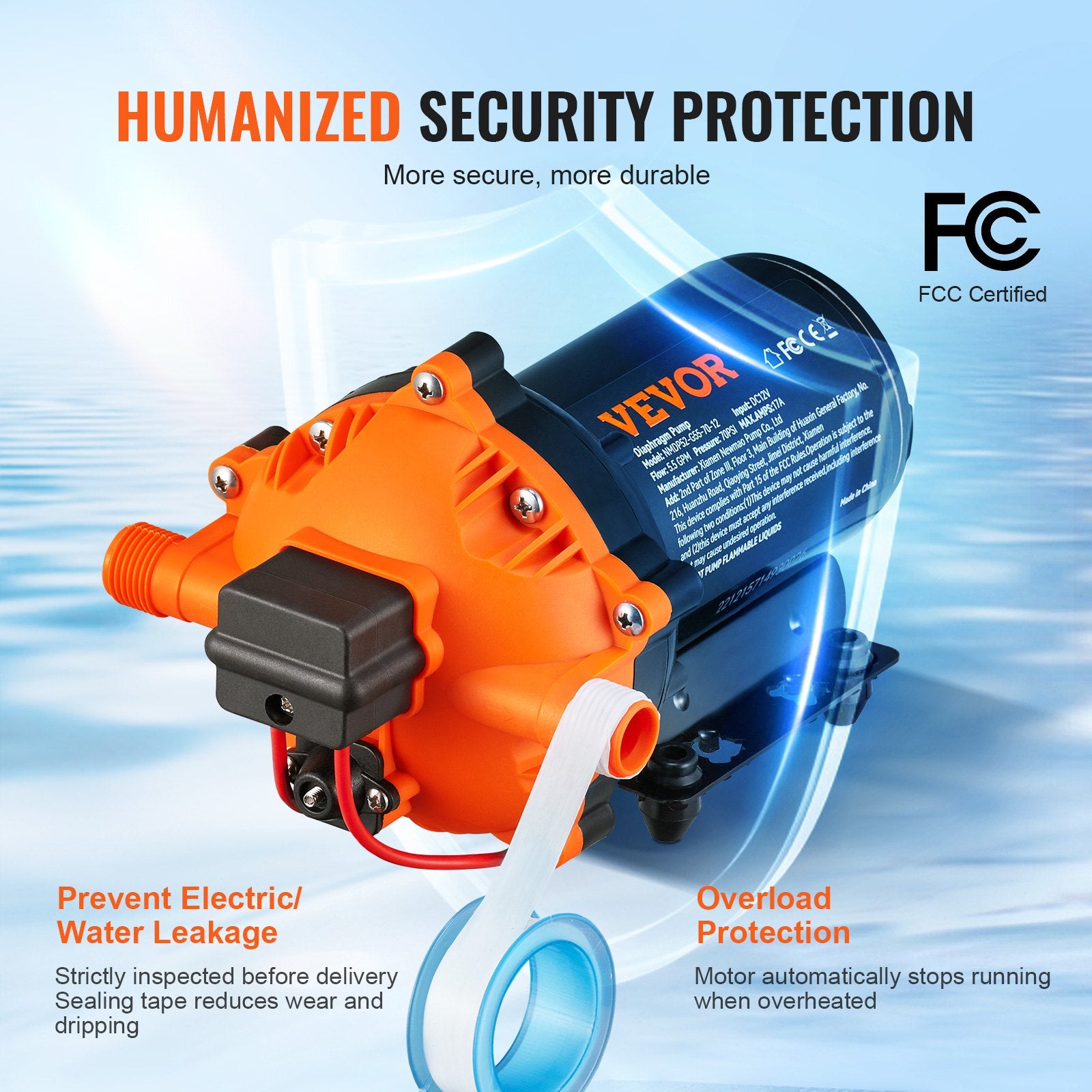 Water Diaphragm Pump, 20.8 LPM Flow, 4.8 bar Rated Pressure (2.8-6.9 bar Adjustable), 12.7 mm MNPT Self Priming Sprayer Pump with Pressure Switch for RV Camper Marine Boat Lawn, FCC Certified