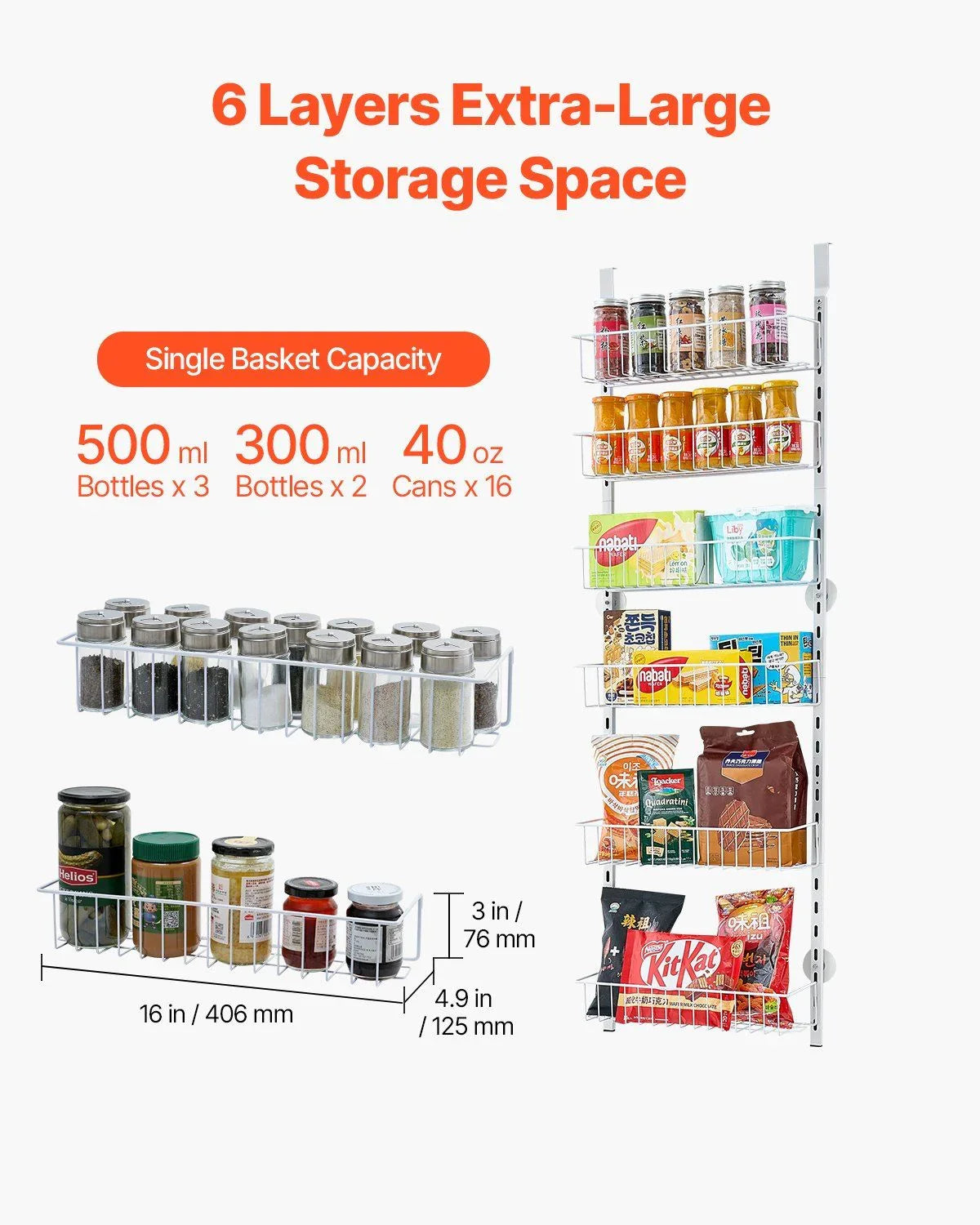 Over the Door Pantry Organizer, 6-Tier Pantry Organization and Storage, Heavy-Duty Steel Hanging Spice Rack, Adjustable Wall Seasoning Shelves, for Home Kitchen Laundry Room Bathroom, White