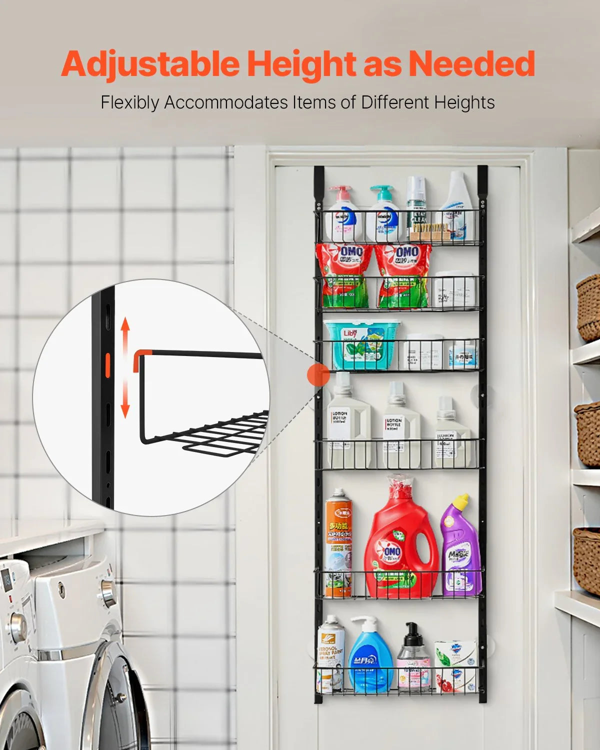 Over the Door Pantry Organizer, 6-Tier Pantry Organization and Storage, Heavy-Duty Steel Hanging Spice Rack, Adjustable Wall Seasoning Shelves, for Home Kitchen Laundry Room Bathroom, Black