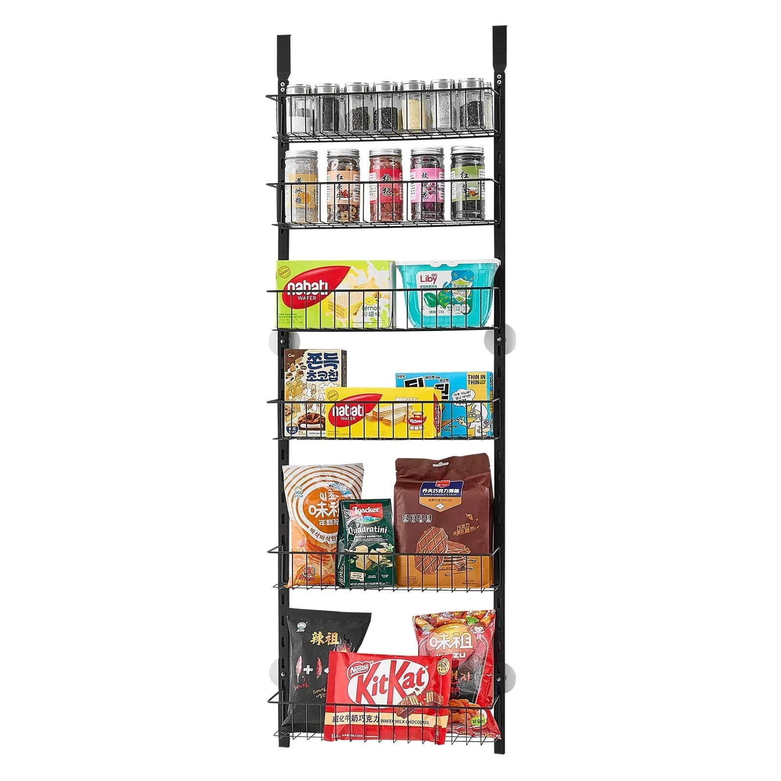 Over the Door Pantry Organizer, 6-Tier Pantry Organization and Storage, Heavy-Duty Steel Hanging Spice Rack, Adjustable Wall Seasoning Shelves, for Home Kitchen Laundry Room Bathroom, Black