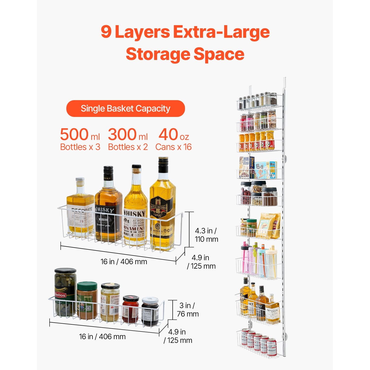 9 Tier Over Door Pantry Organizer Adjustable Spice Rack Storage White