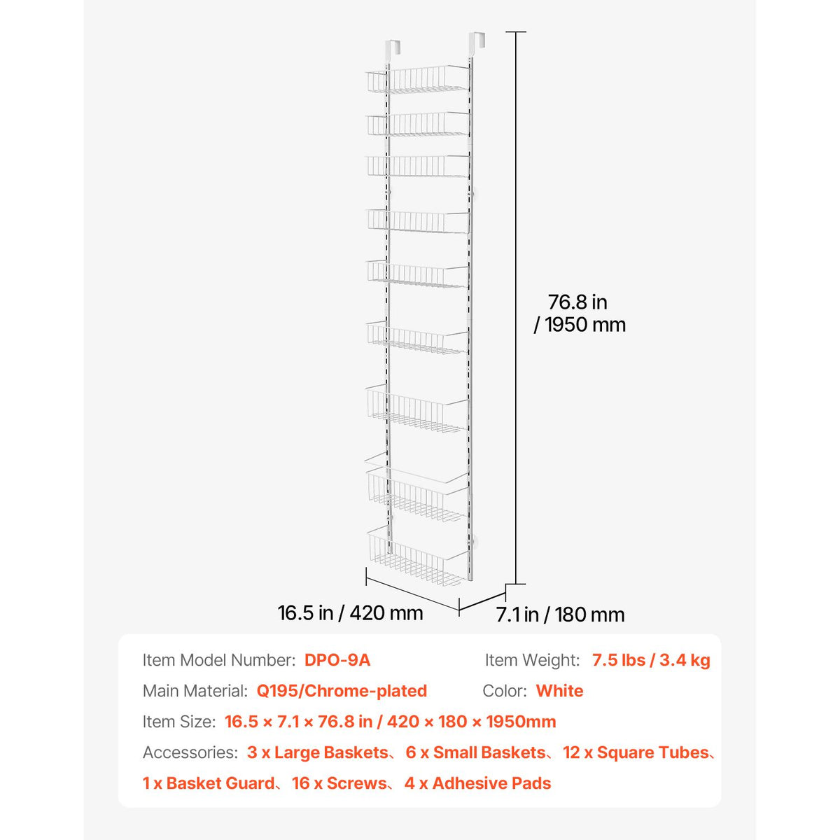 9 Tier Over Door Pantry Organizer Adjustable Spice Rack Storage White
