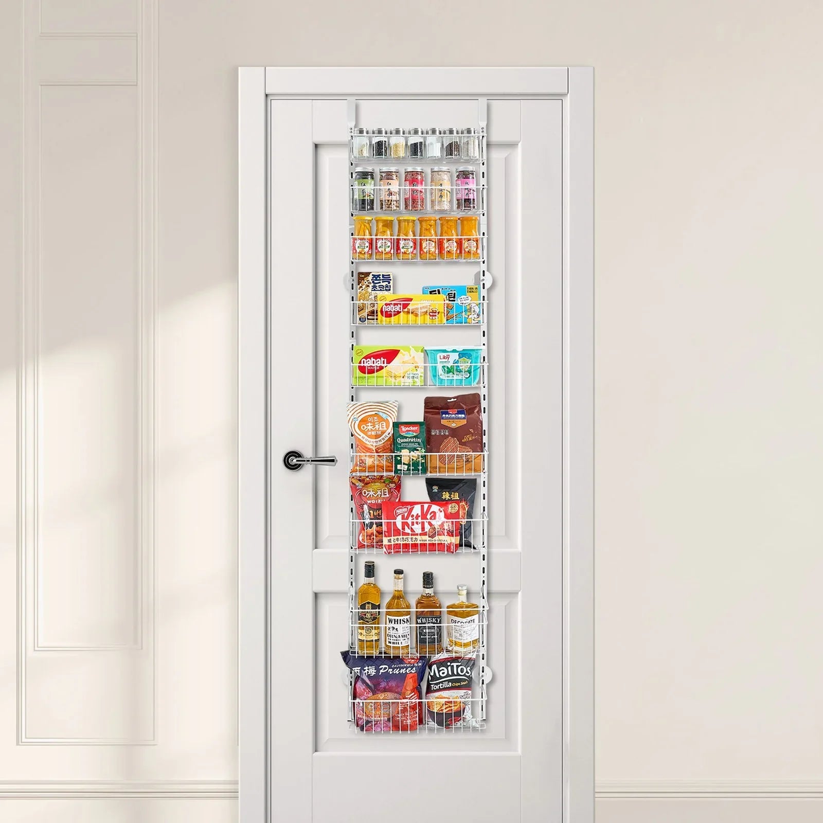Over the Door Pantry Organizer, 9-Tier Pantry Organization and Storage, Heavy-Duty Steel Hanging Spice Rack, Adjustable Wall Seasoning Shelves, for Home Kitchen Laundry Room Bathroom, White
