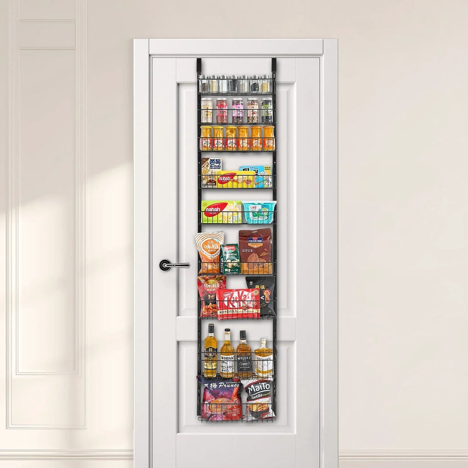 Over the Door Pantry Organizer, 9-Tier Pantry Organization and Storage, Heavy-Duty Steel Hanging Spice Rack, Adjustable Wall Seasoning Shelves, for Home Kitchen Laundry Room Bathroom, Black