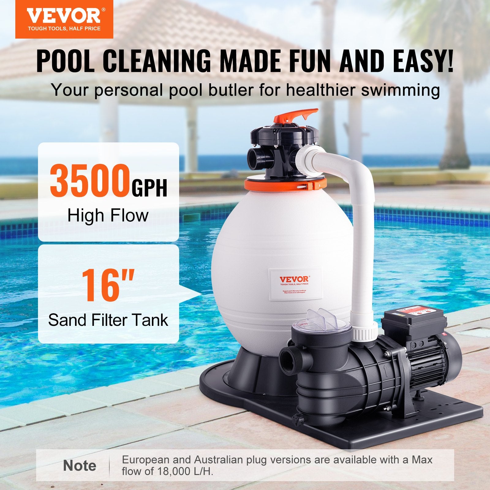 Sand Filter Above Ground with 850W Pool Pump 18,000 L/H Flow 6-Way Valve