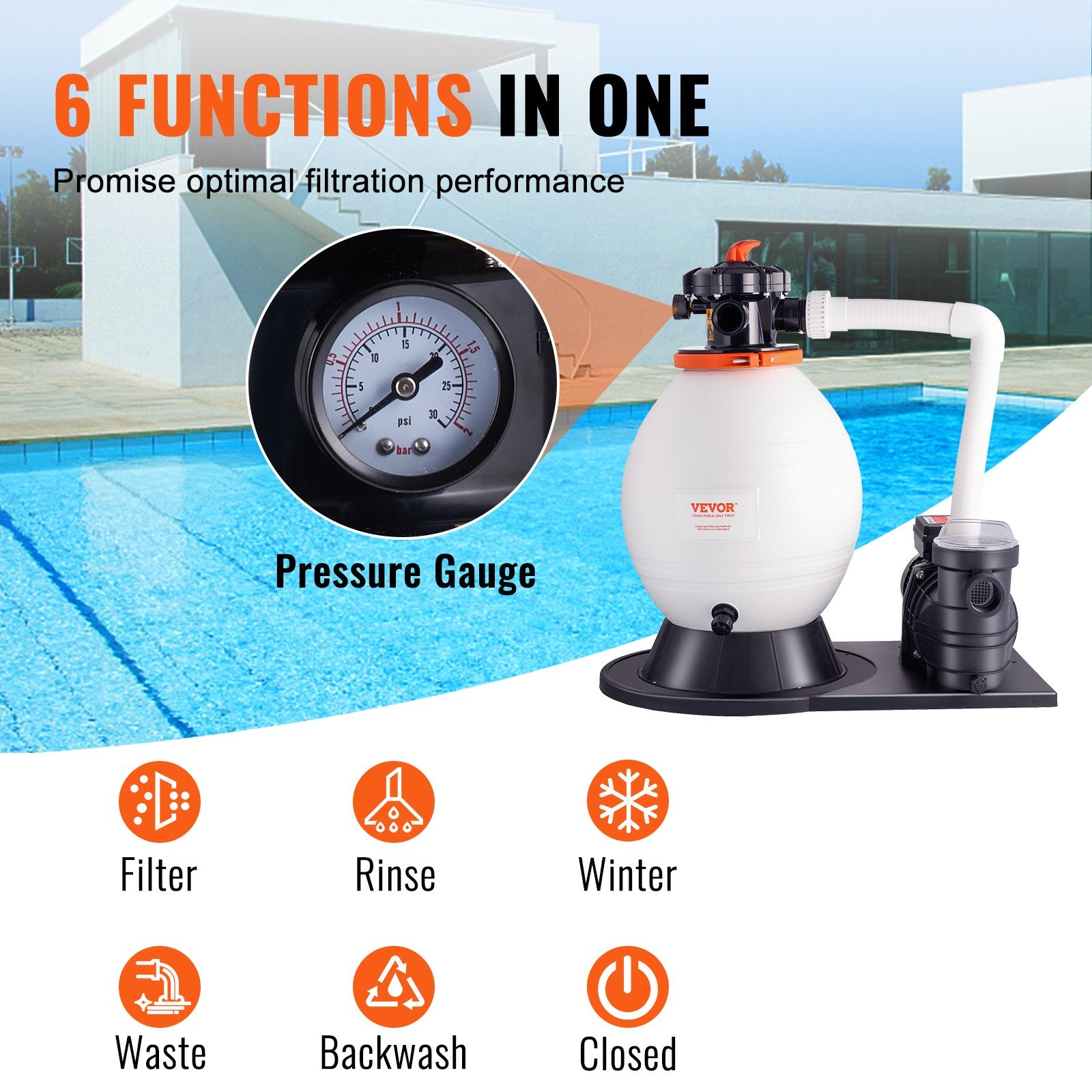 Sand Filter Above Ground with 850W Pool Pump 18,000 L/H Flow 6-Way Valve