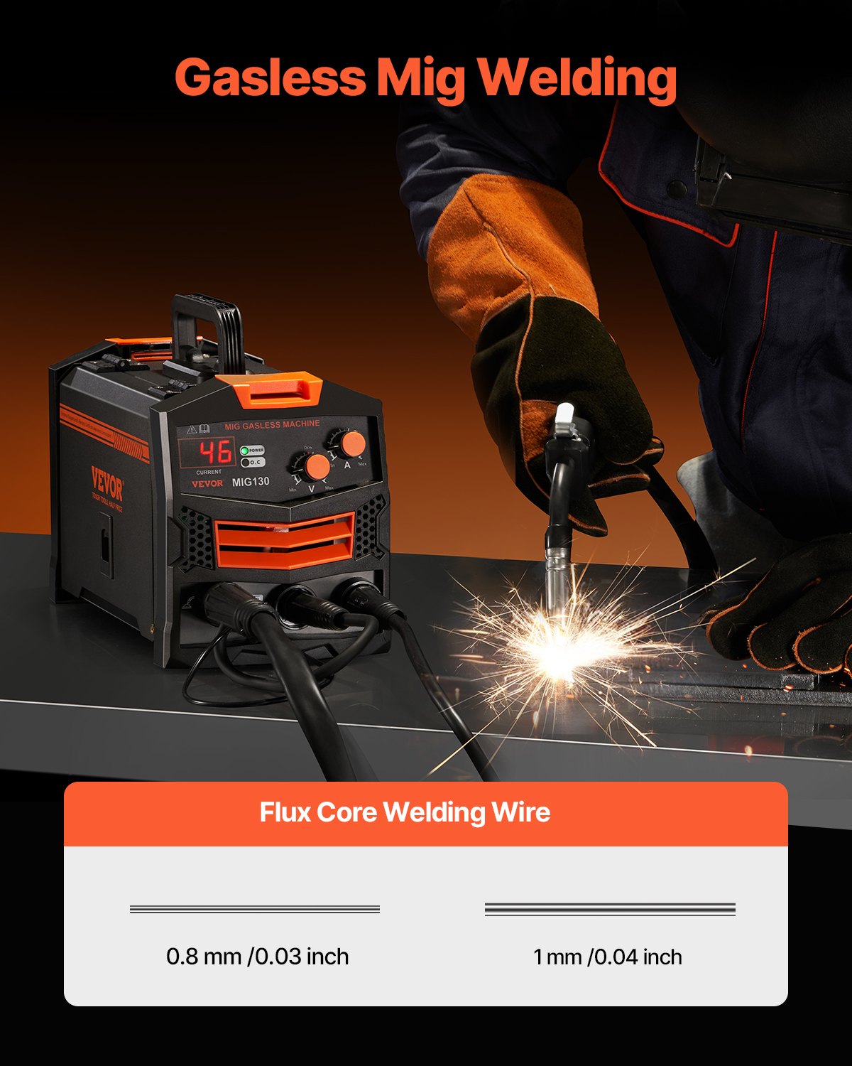 MIG Welder 130Amp Gasless Flux Core Mig Welding Machine with IGBT Inverter
