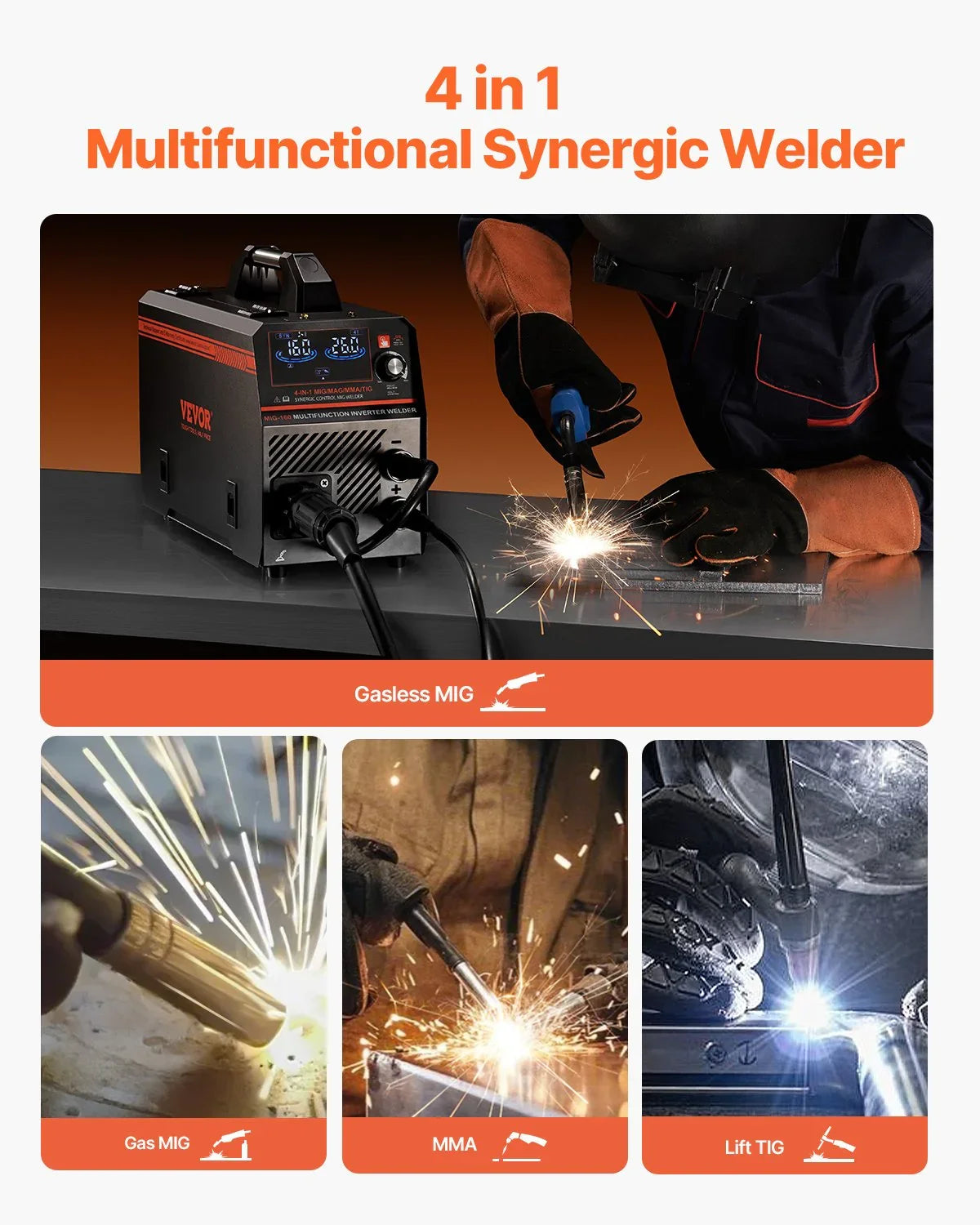 MIG Welder, 160A Synergic Mig Welding Machine, 4-in-1 Gas MIG/Flux Core MIG/Stick/Lift TIG Multi-Process Welder Machine with IGBT Inverter Technology and LCD Screen Display