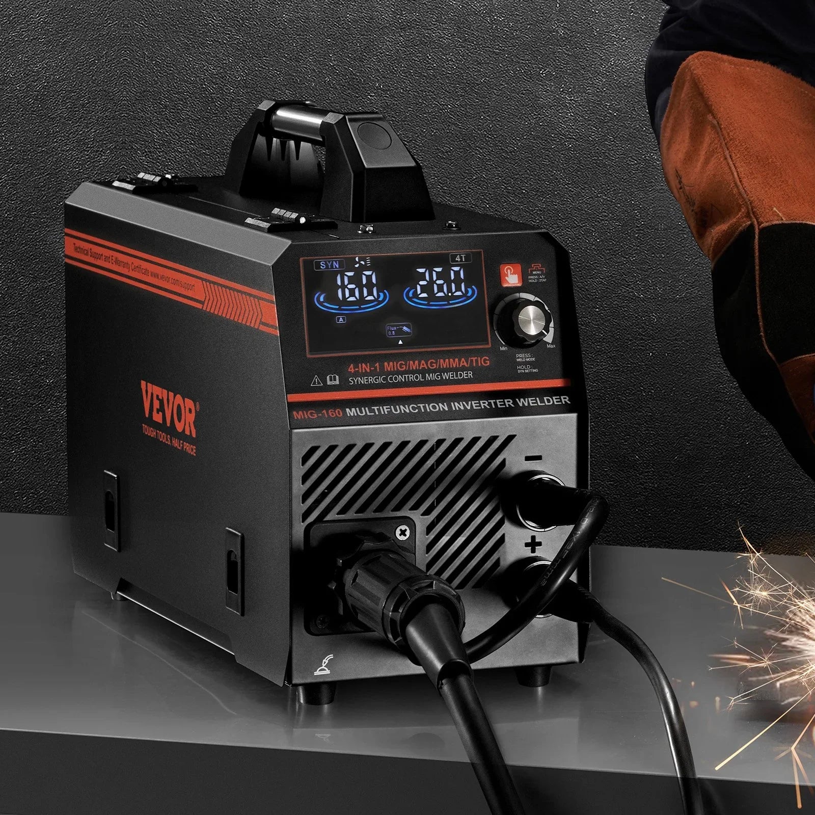 MIG Welder, 160A Synergic Mig Welding Machine, 4-in-1 Gas MIG/Flux Core MIG/Stick/Lift TIG Multi-Process Welder Machine with IGBT Inverter Technology and LCD Screen Display